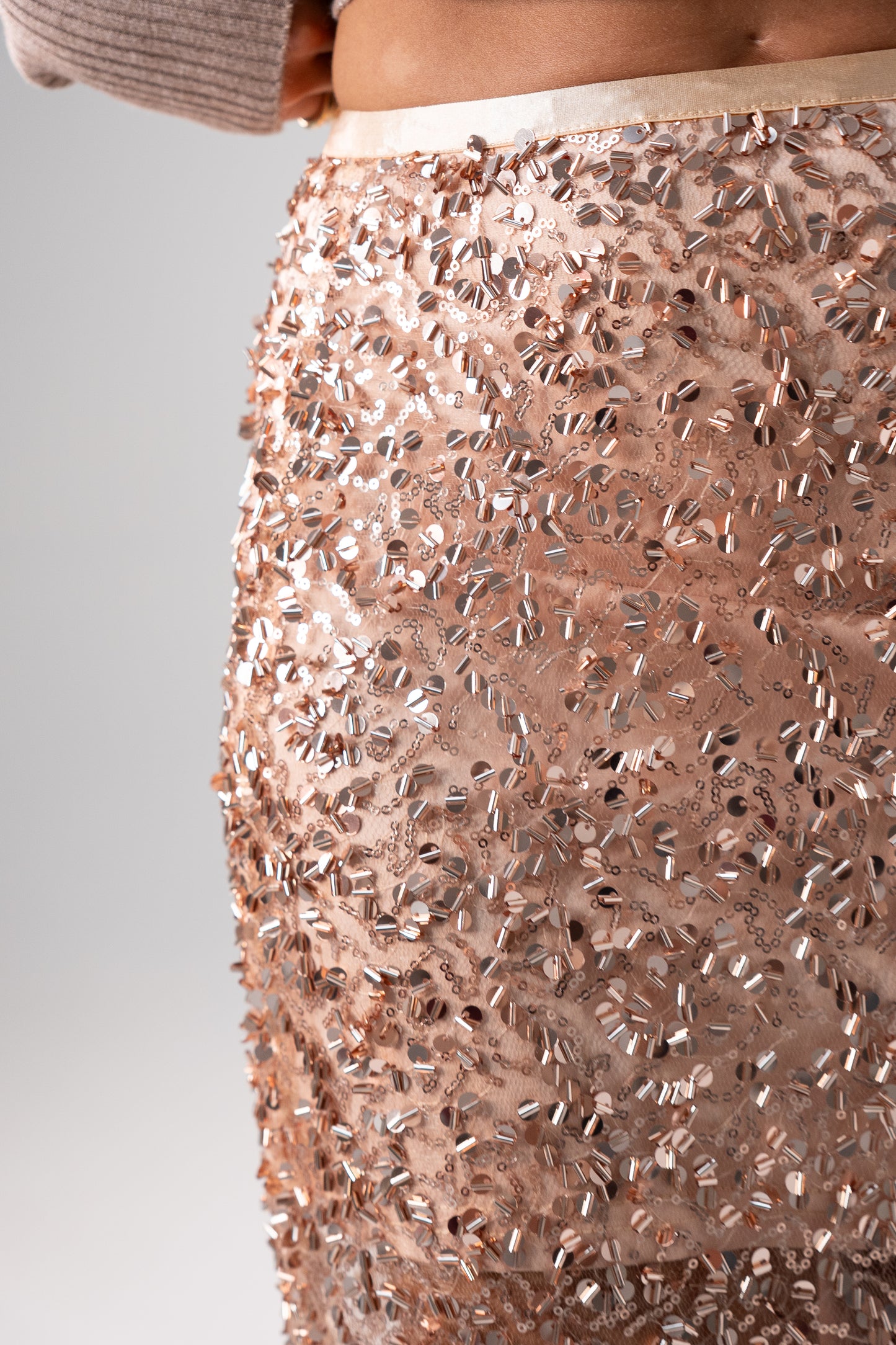 Kate Sequin Midi Skirt In Rose Gold