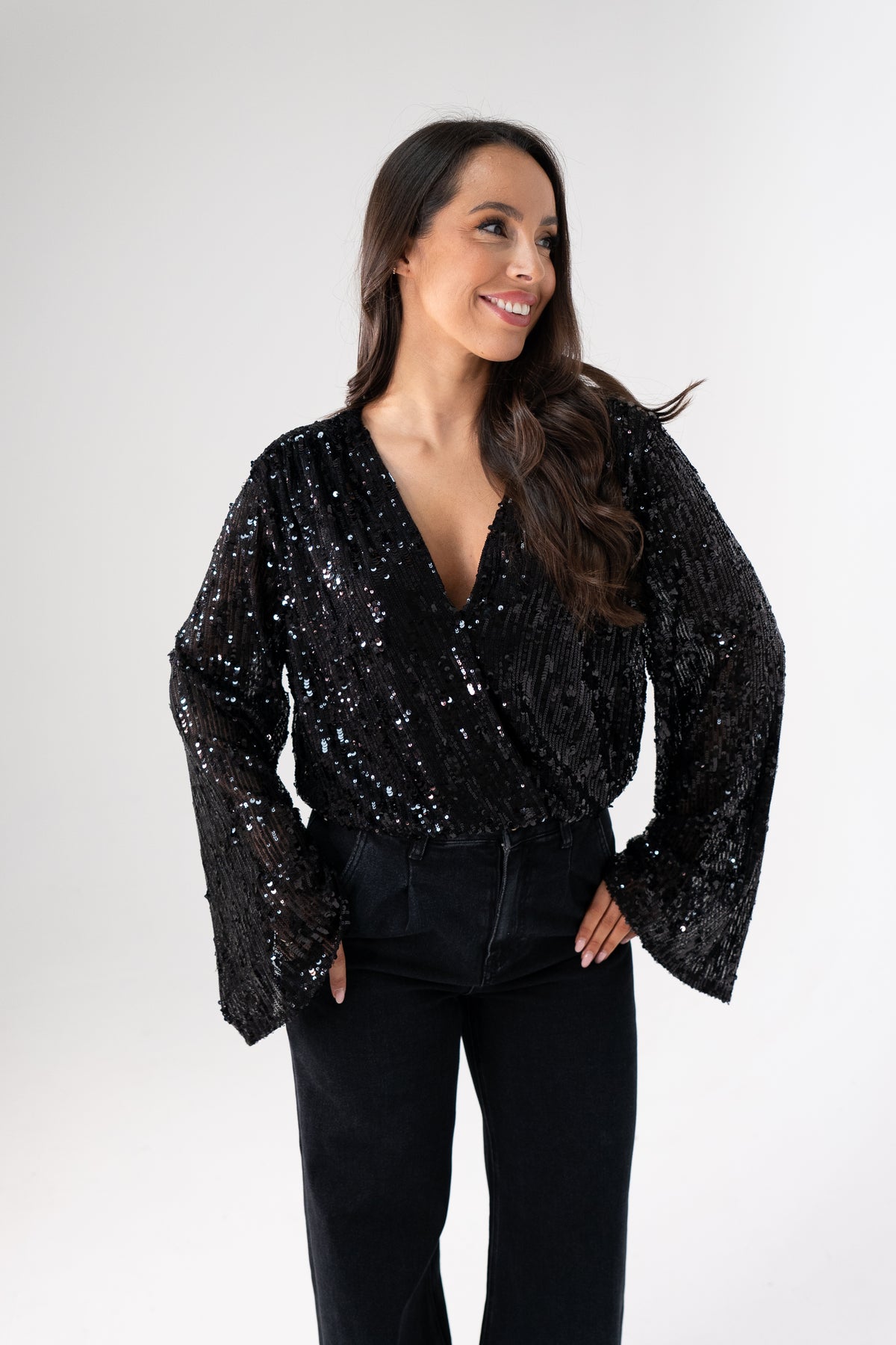 Kate Sequin Wrap Blouse In Black