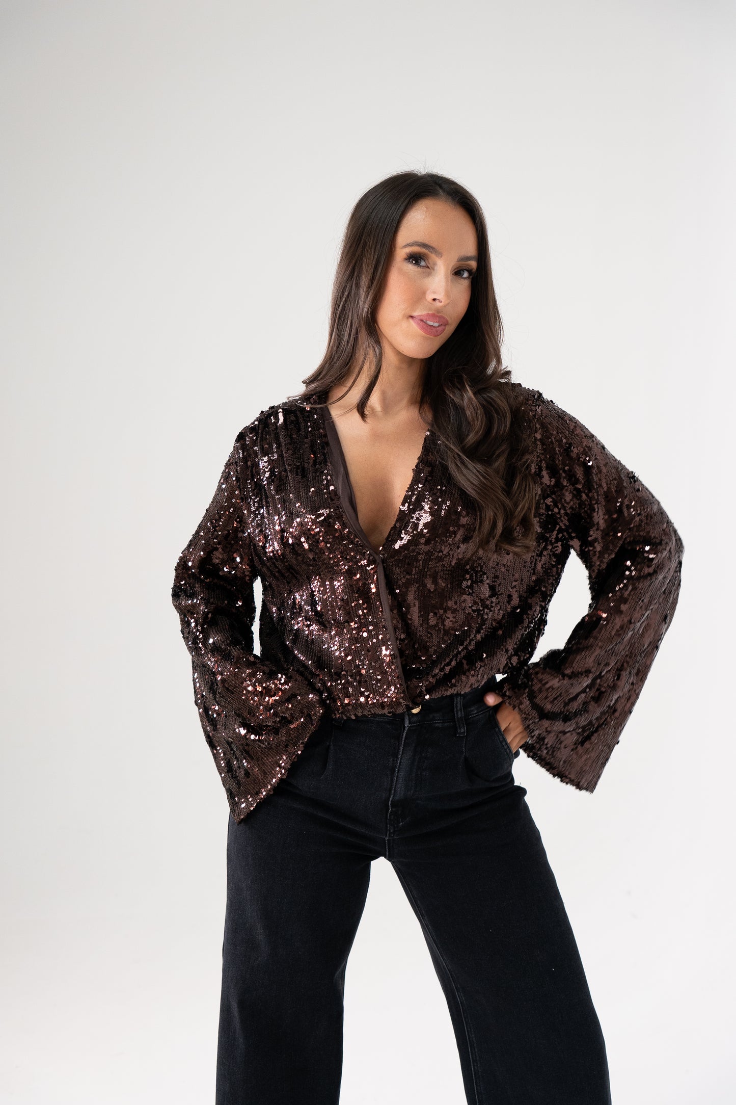 Kate Sequin Wrap Blouse In Chocolate