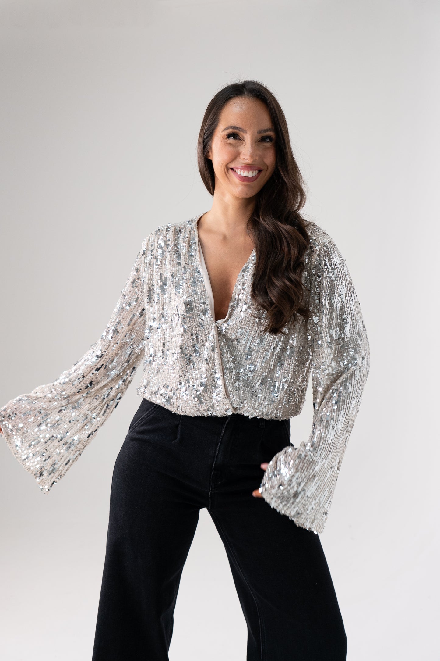 Kate Sequin Wrap Blouse In Neutral