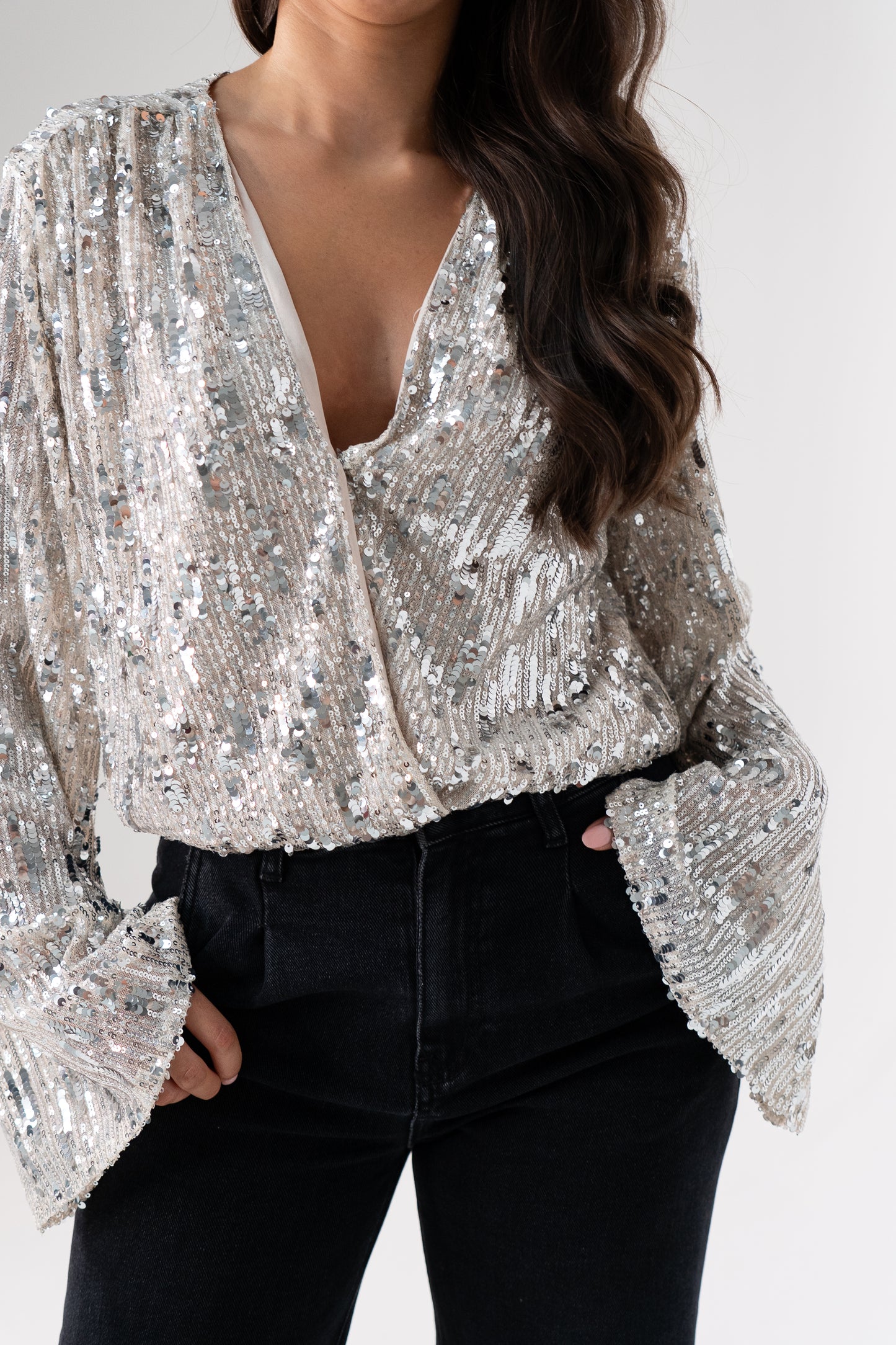 Kate Sequin Wrap Blouse In Neutral