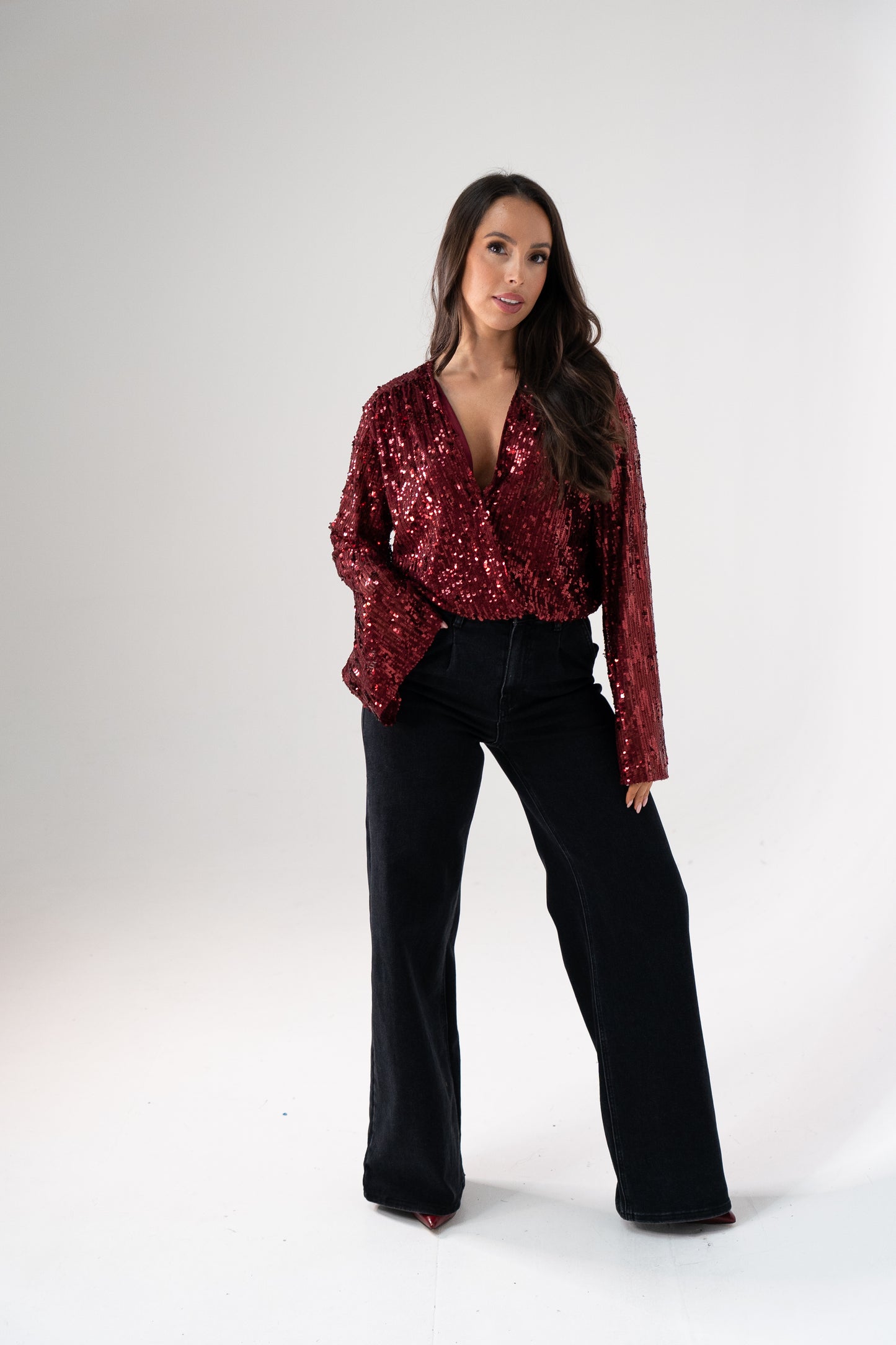 Kate Sequin Wrap Blouse In Wine