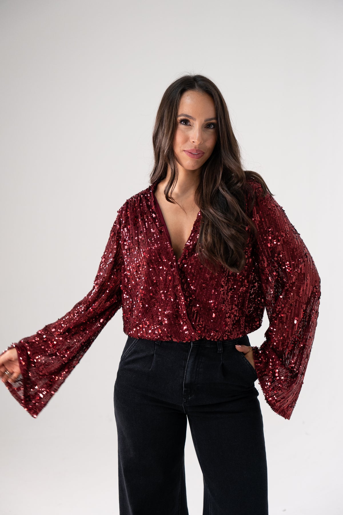 Kate Sequin Wrap Blouse In Wine