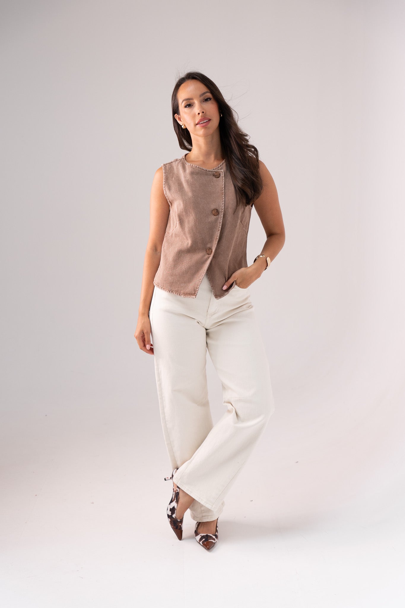 Kendra Asymmetric Denim Waistcoat In Taupe