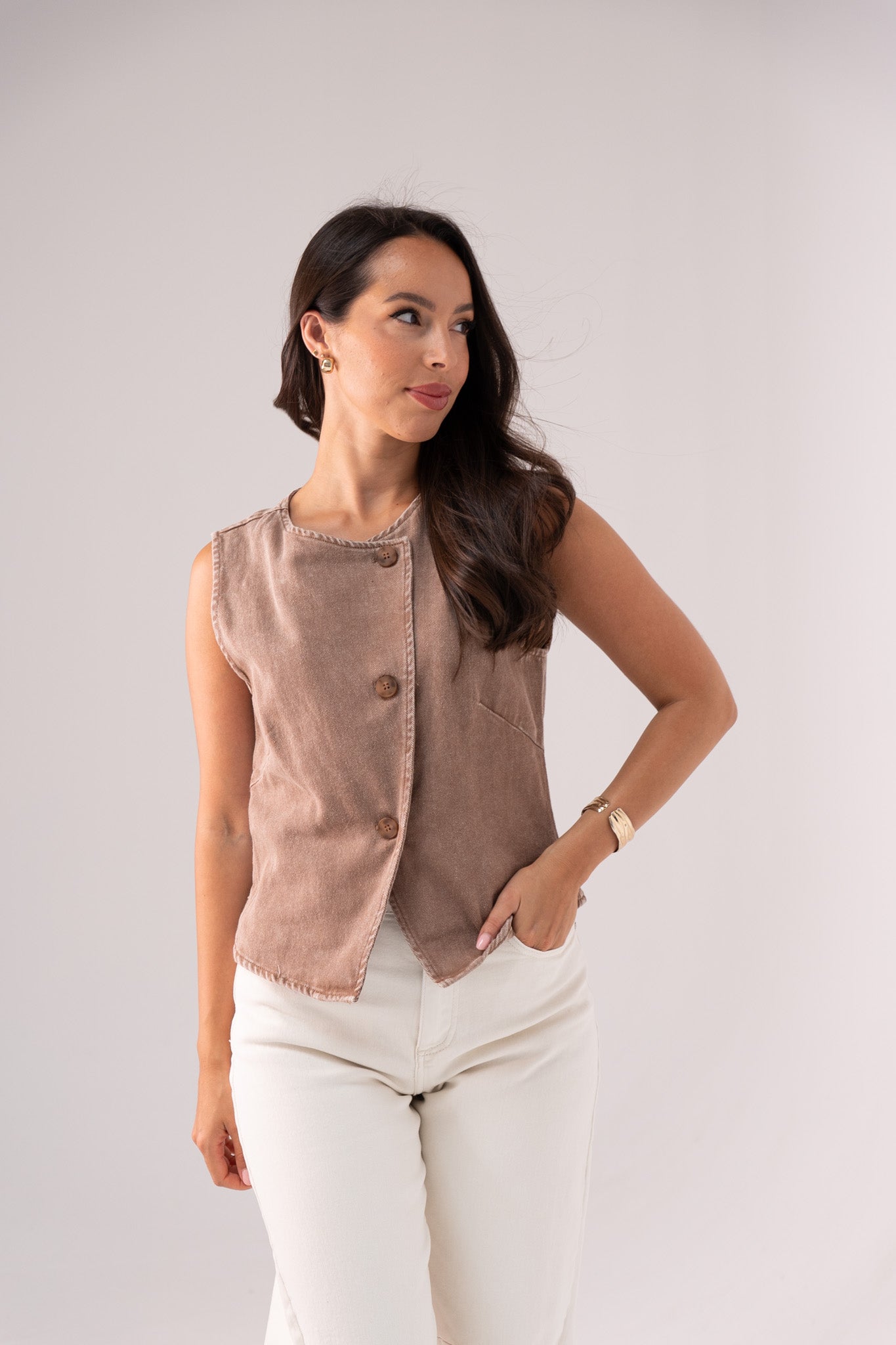 Kendra Asymmetric Denim Waistcoat In Taupe