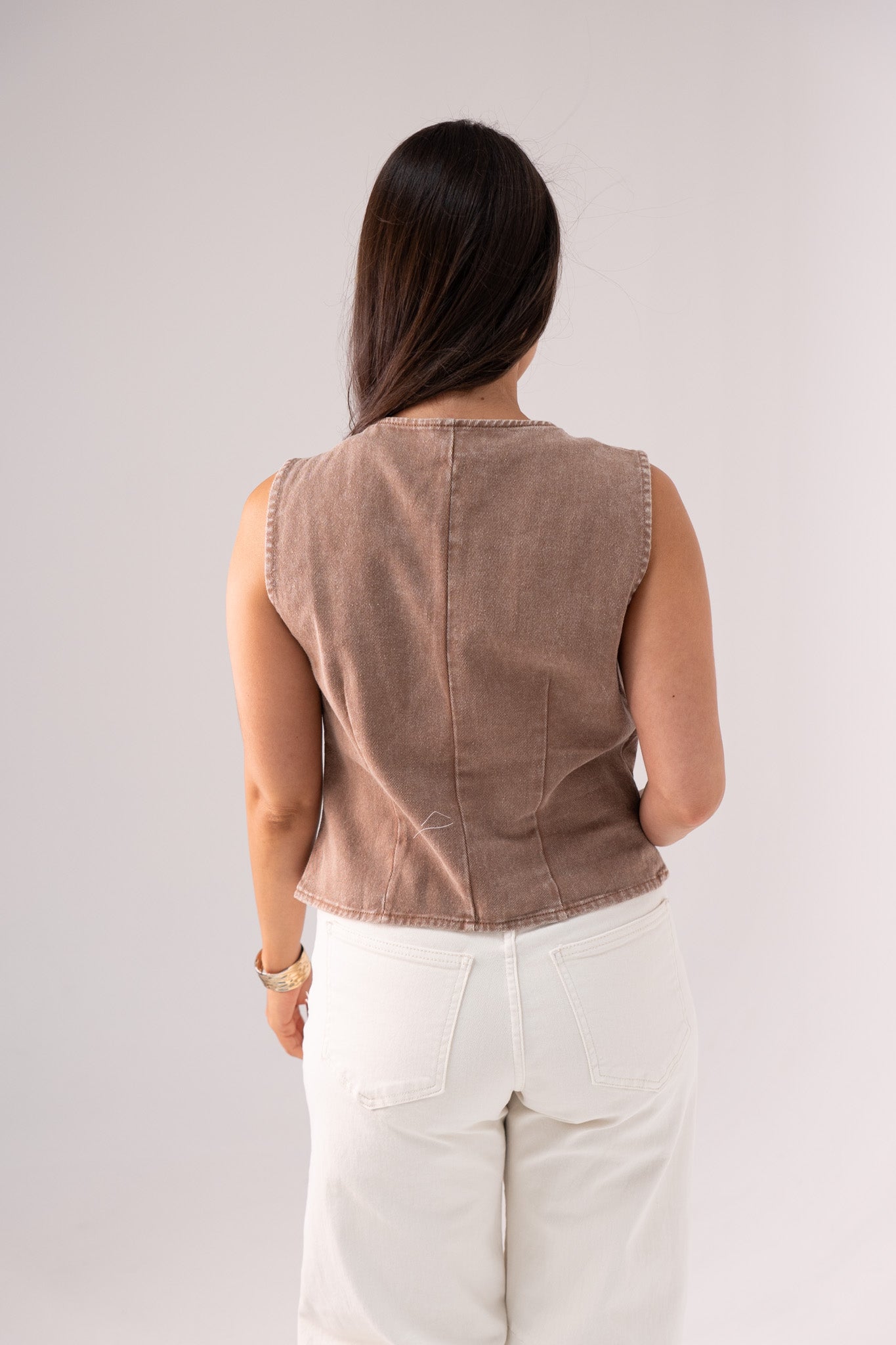 Kendra Asymmetric Denim Waistcoat In Taupe