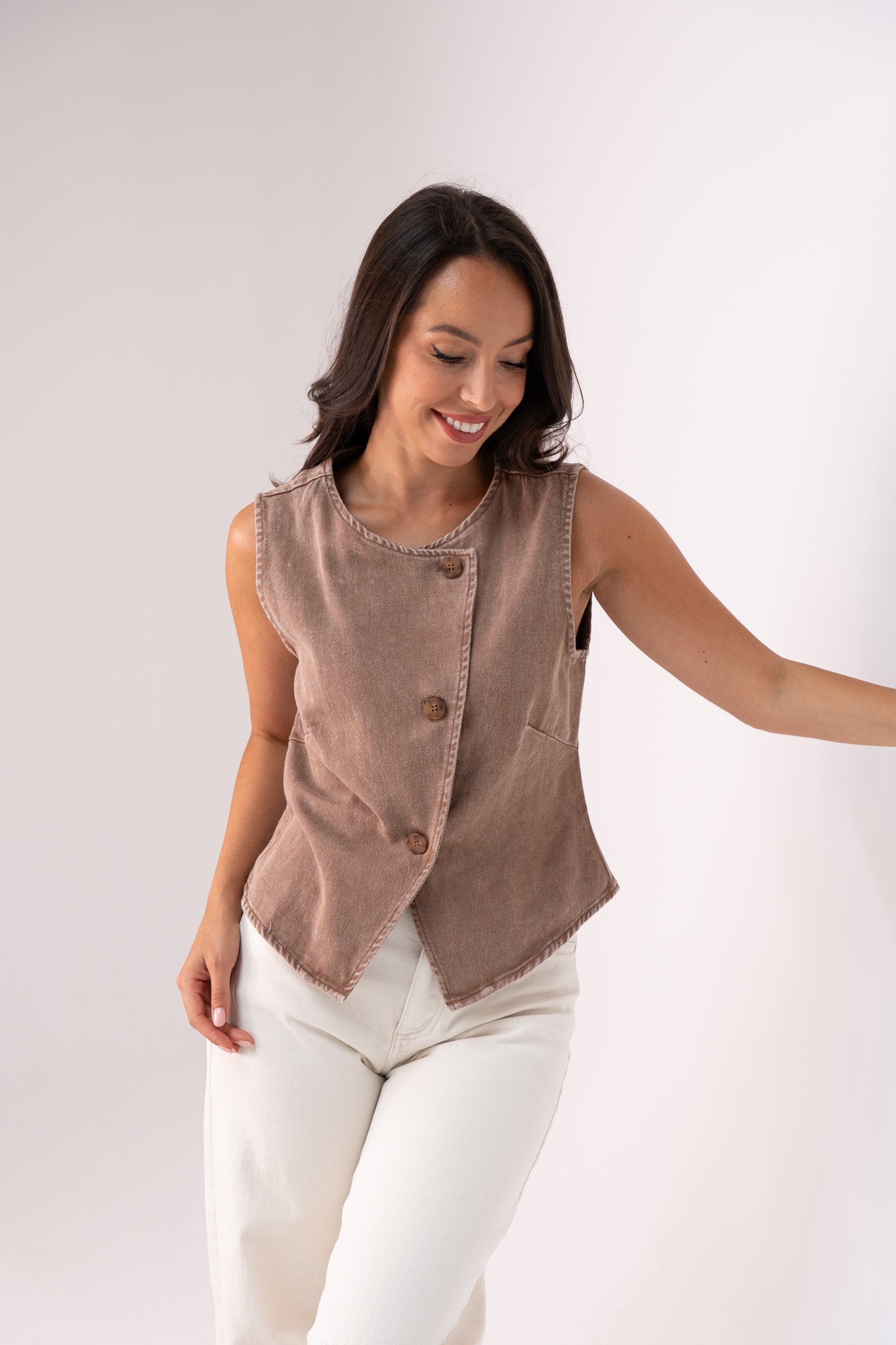 Kendra Asymmetric Denim Waistcoat In Taupe