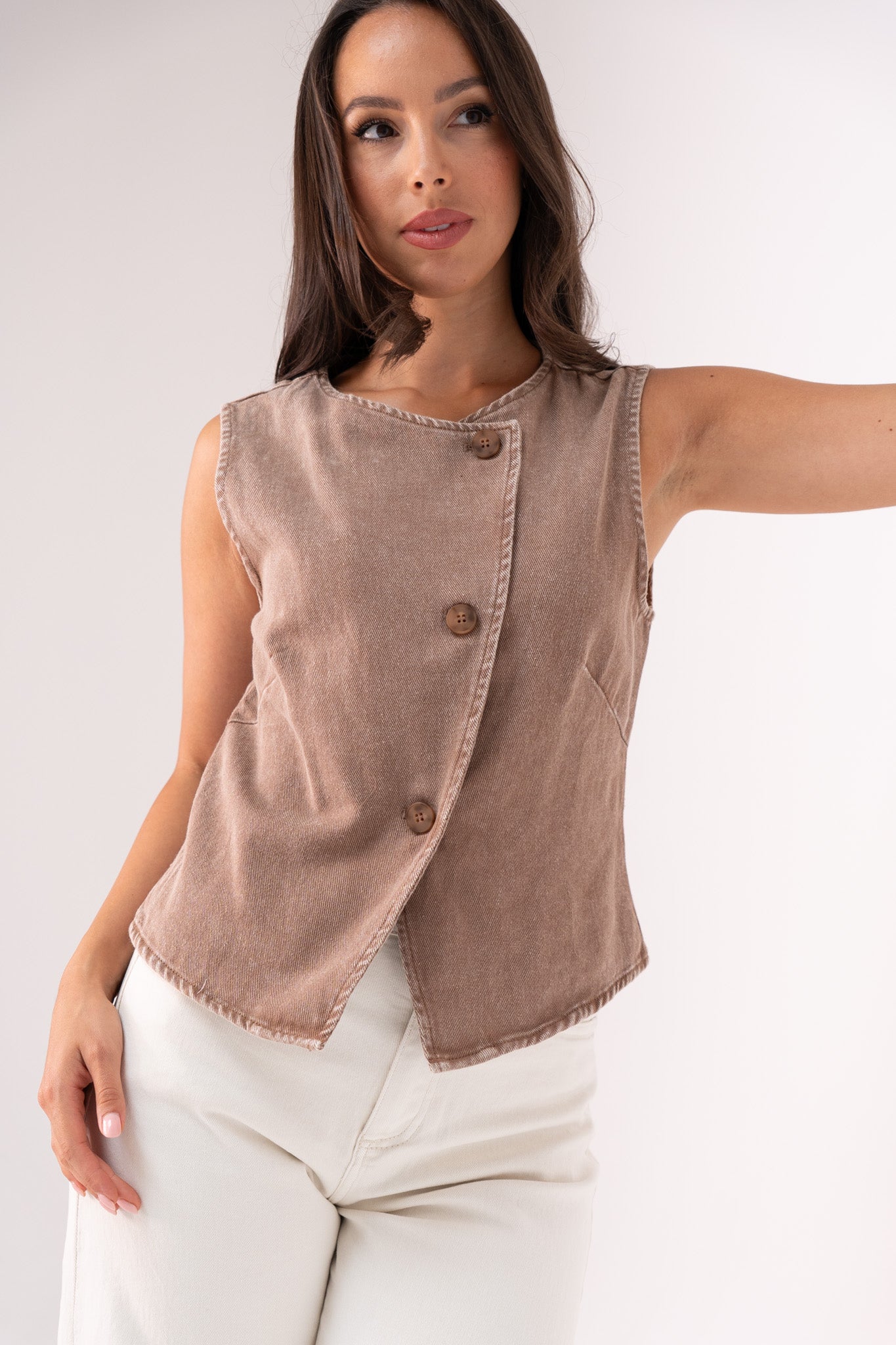 Kendra Asymmetric Denim Waistcoat In Taupe