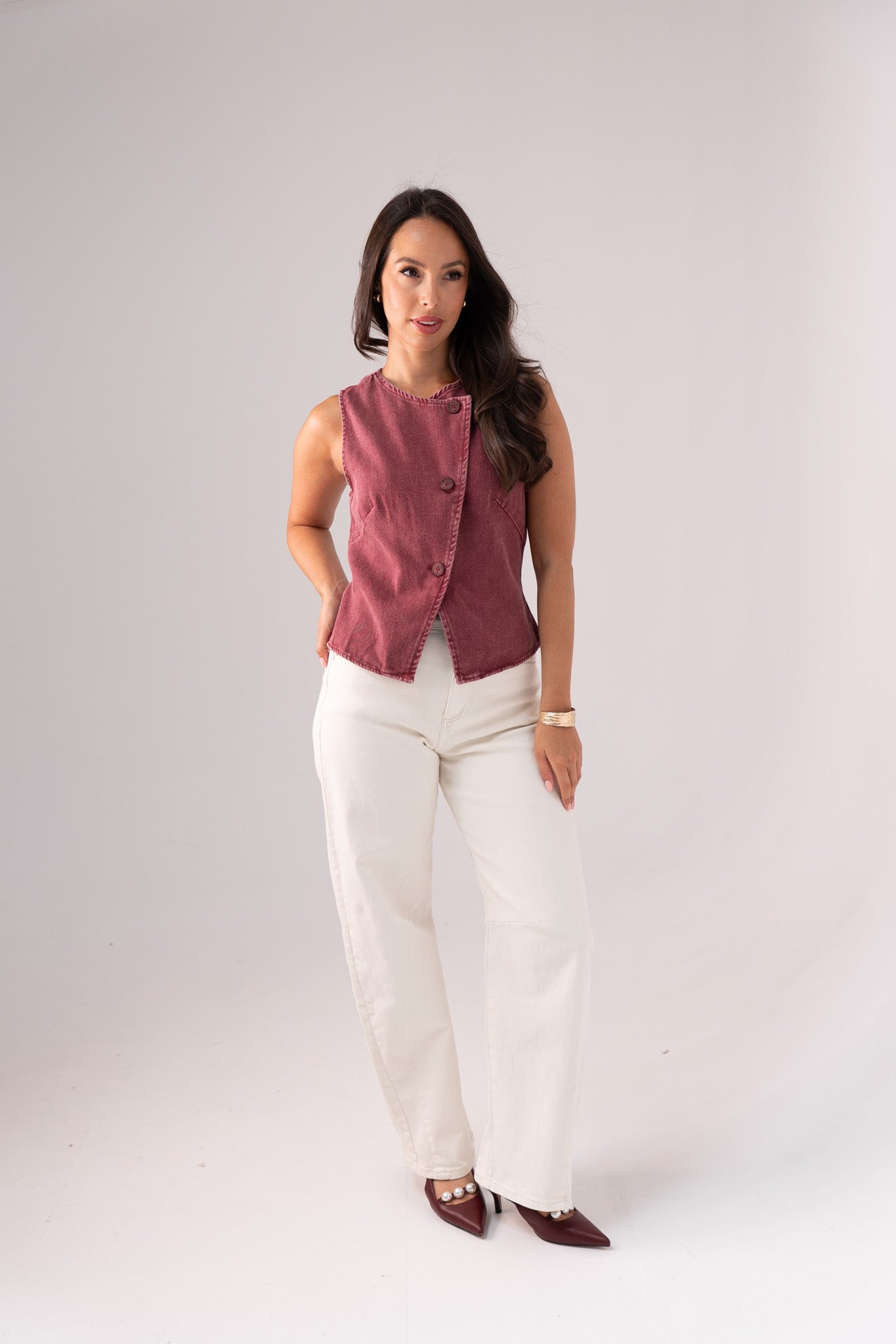Kendra Asymmetric Denim Waistcoat In Wine