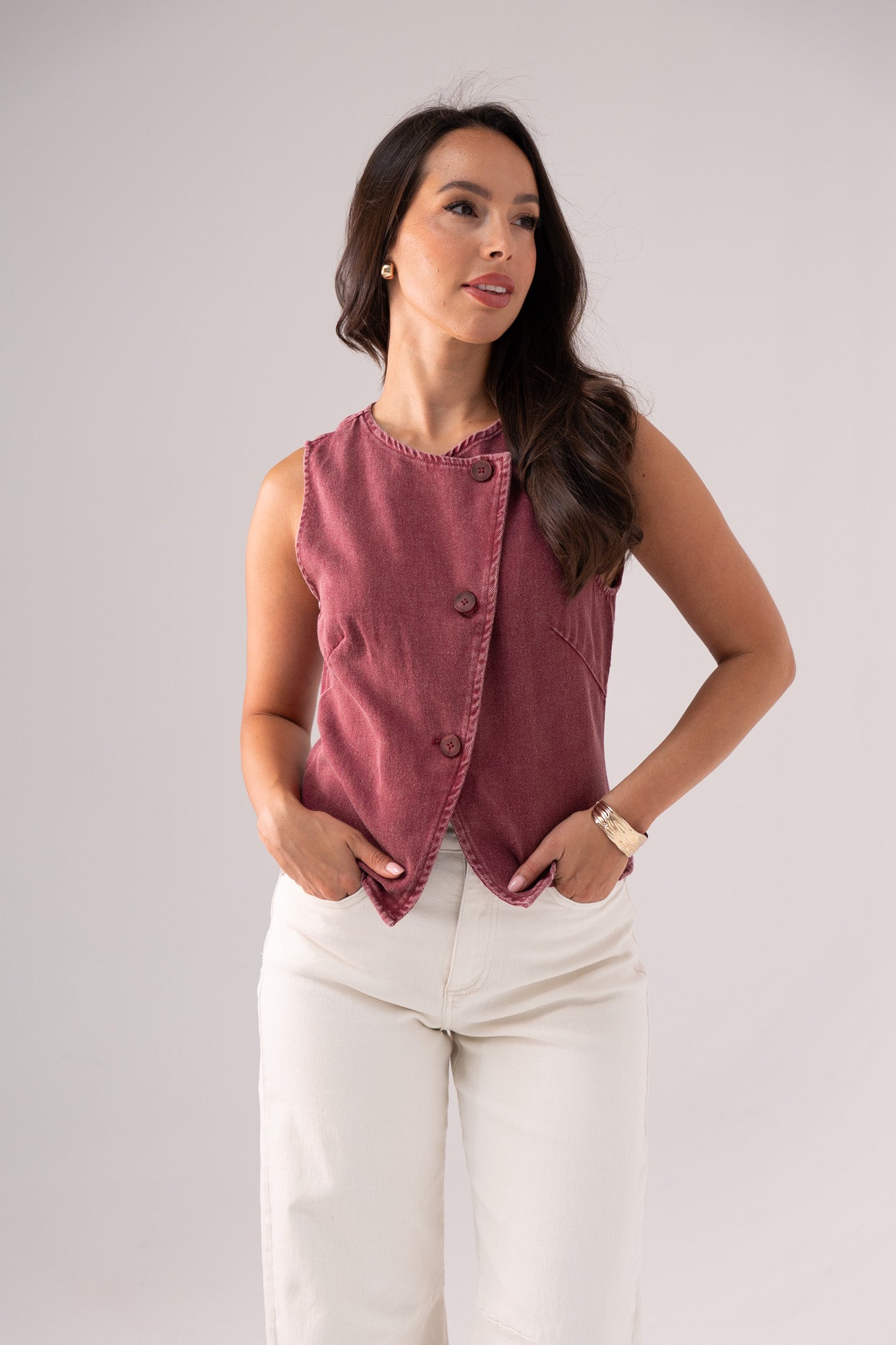 Kendra Asymmetric Denim Waistcoat In Wine