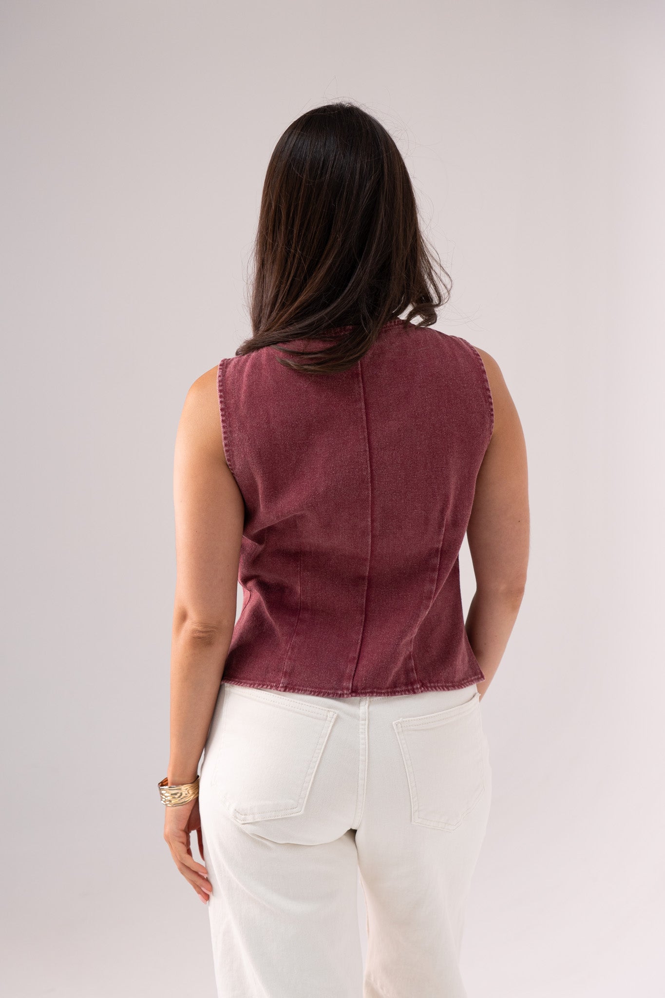 Kendra Asymmetric Denim Waistcoat In Wine