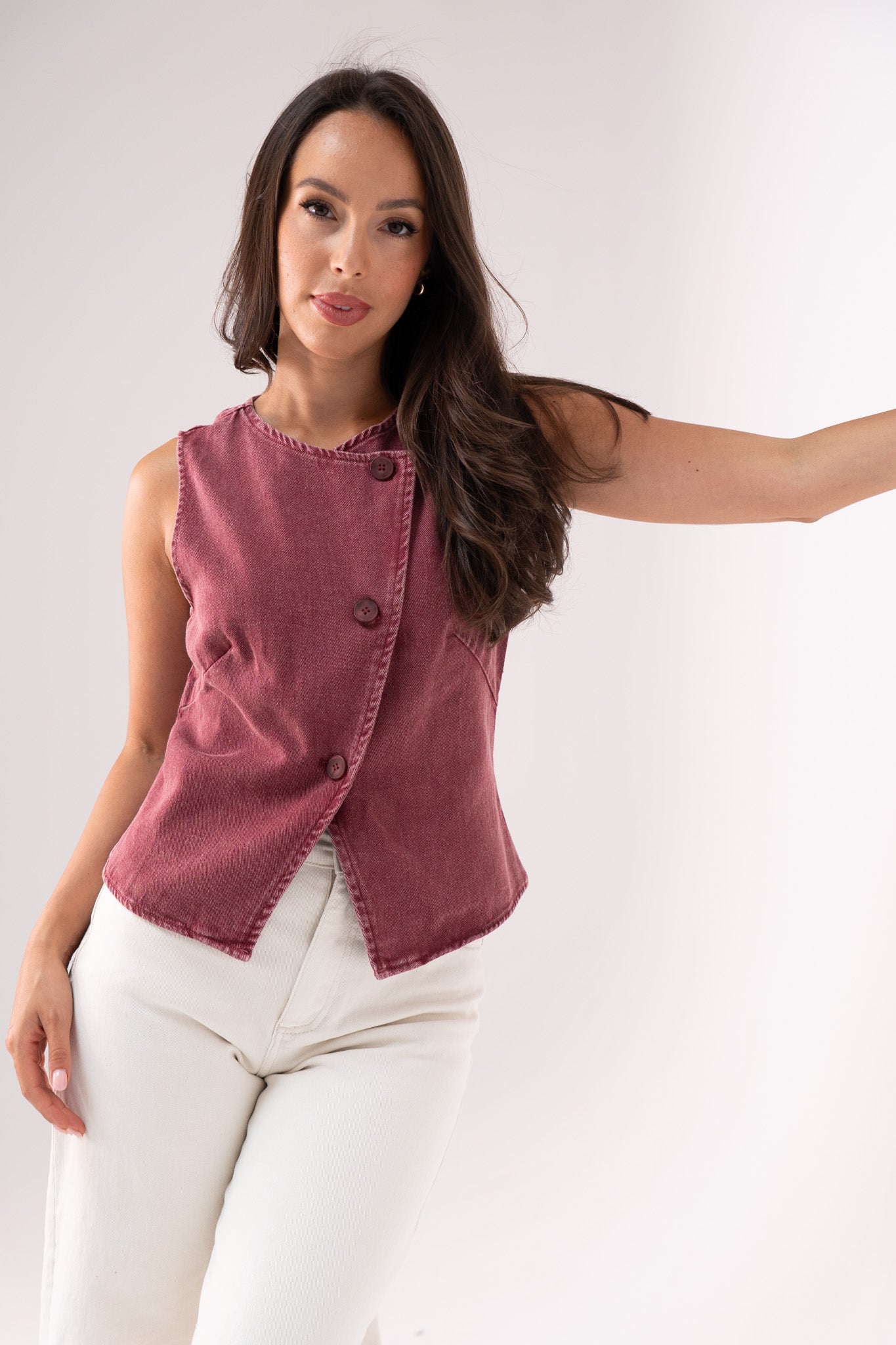 Kendra Asymmetric Denim Waistcoat In Wine