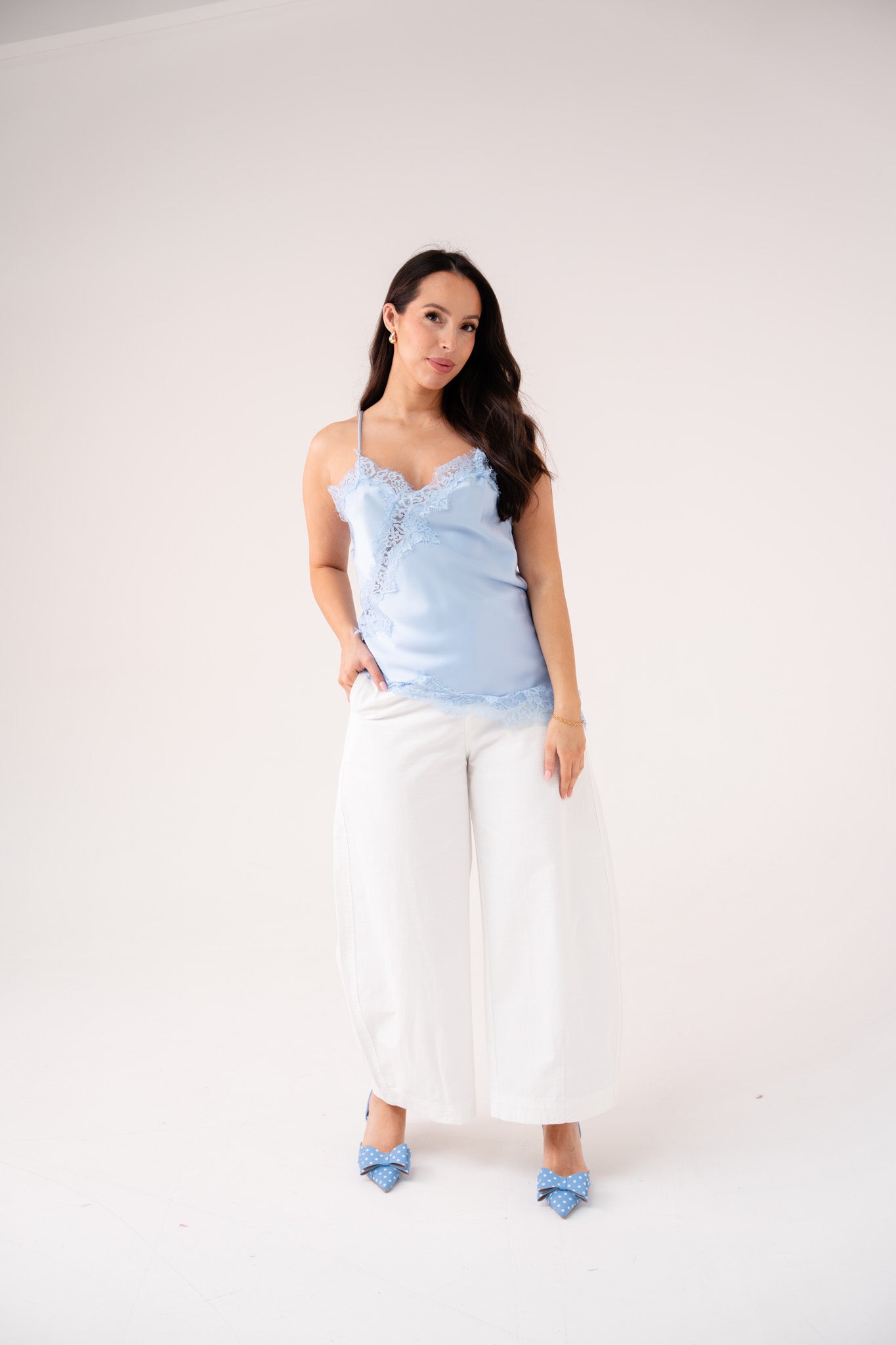 Kendra Asymmetric Lace Trim Cami In Sky Blue