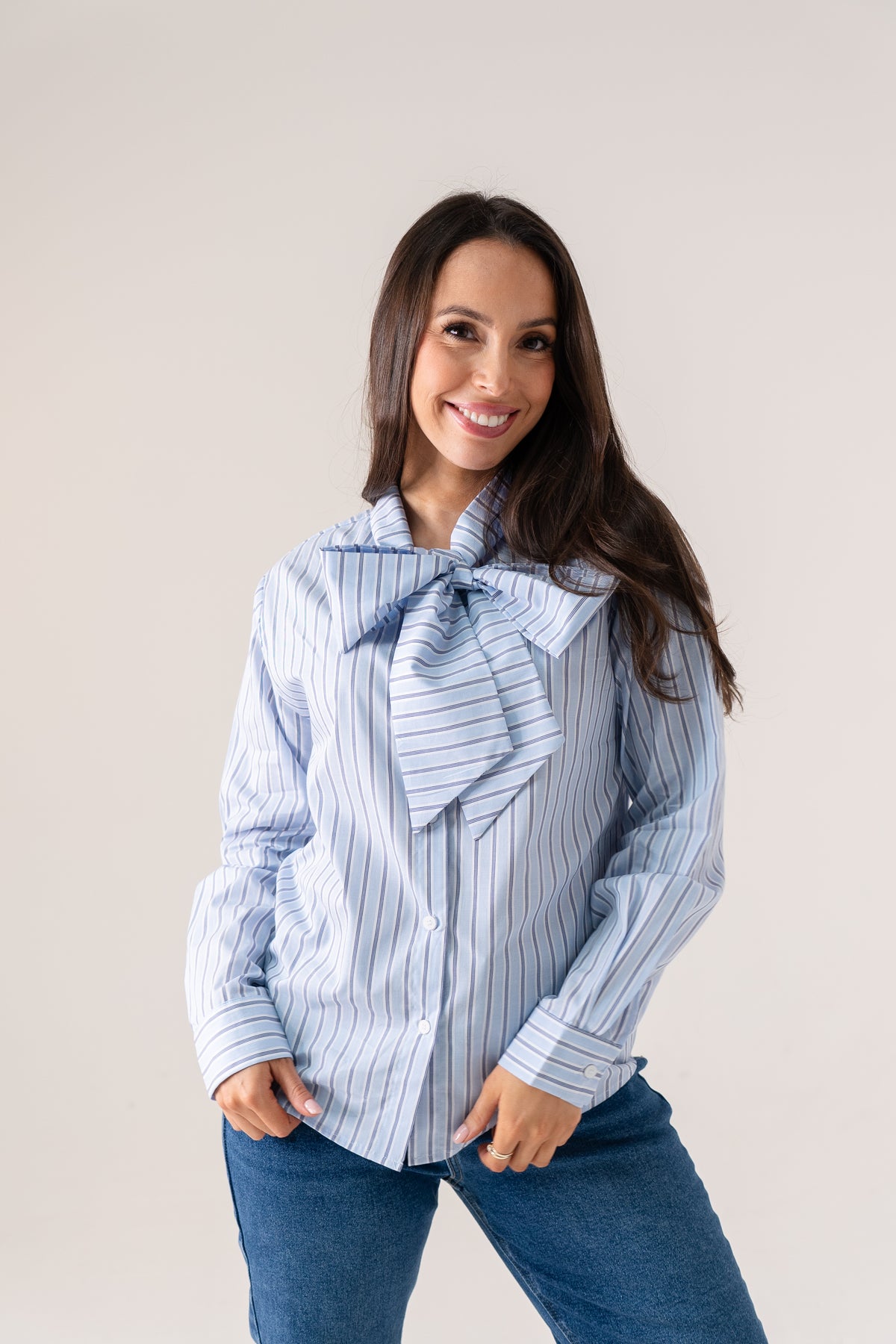 Kendra Bow Collar Pinstripe Shirt In Blue