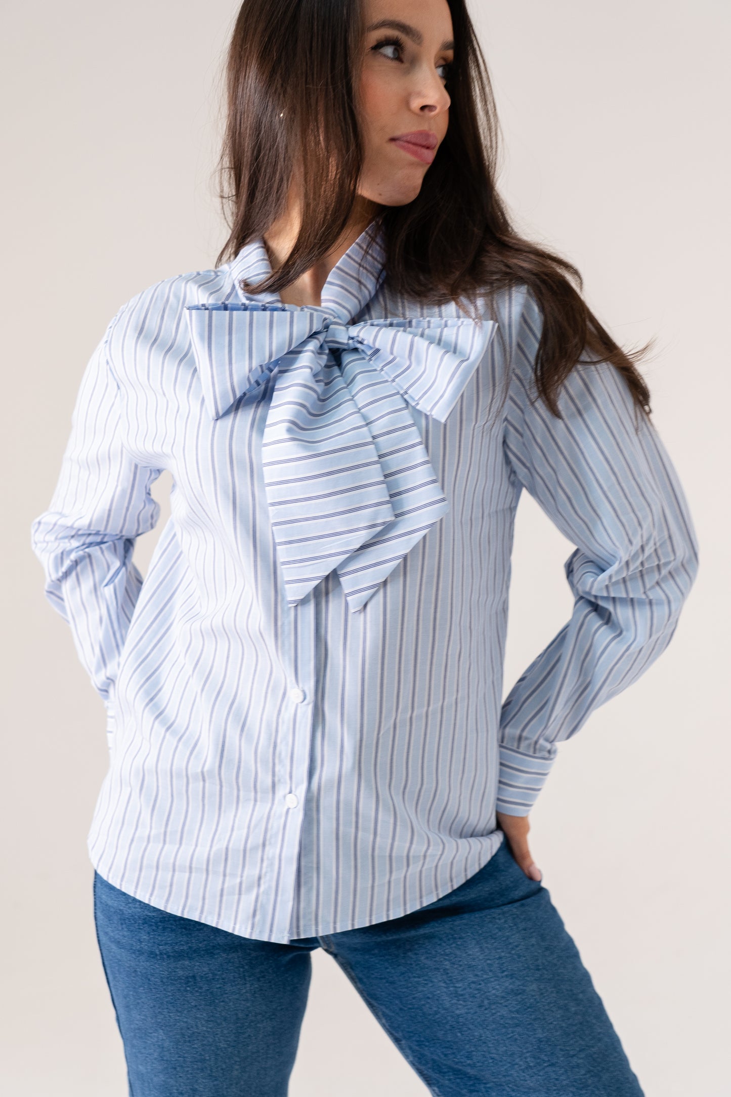Kendra Bow Collar Pinstripe Shirt In Blue