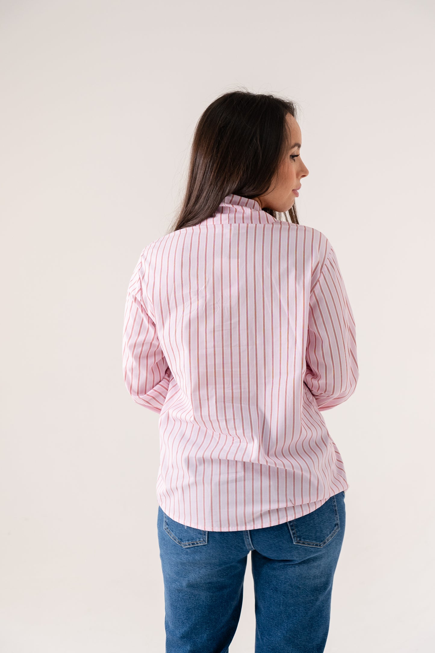 Kendra Bow Collar Pinstripe Shirt In Pink