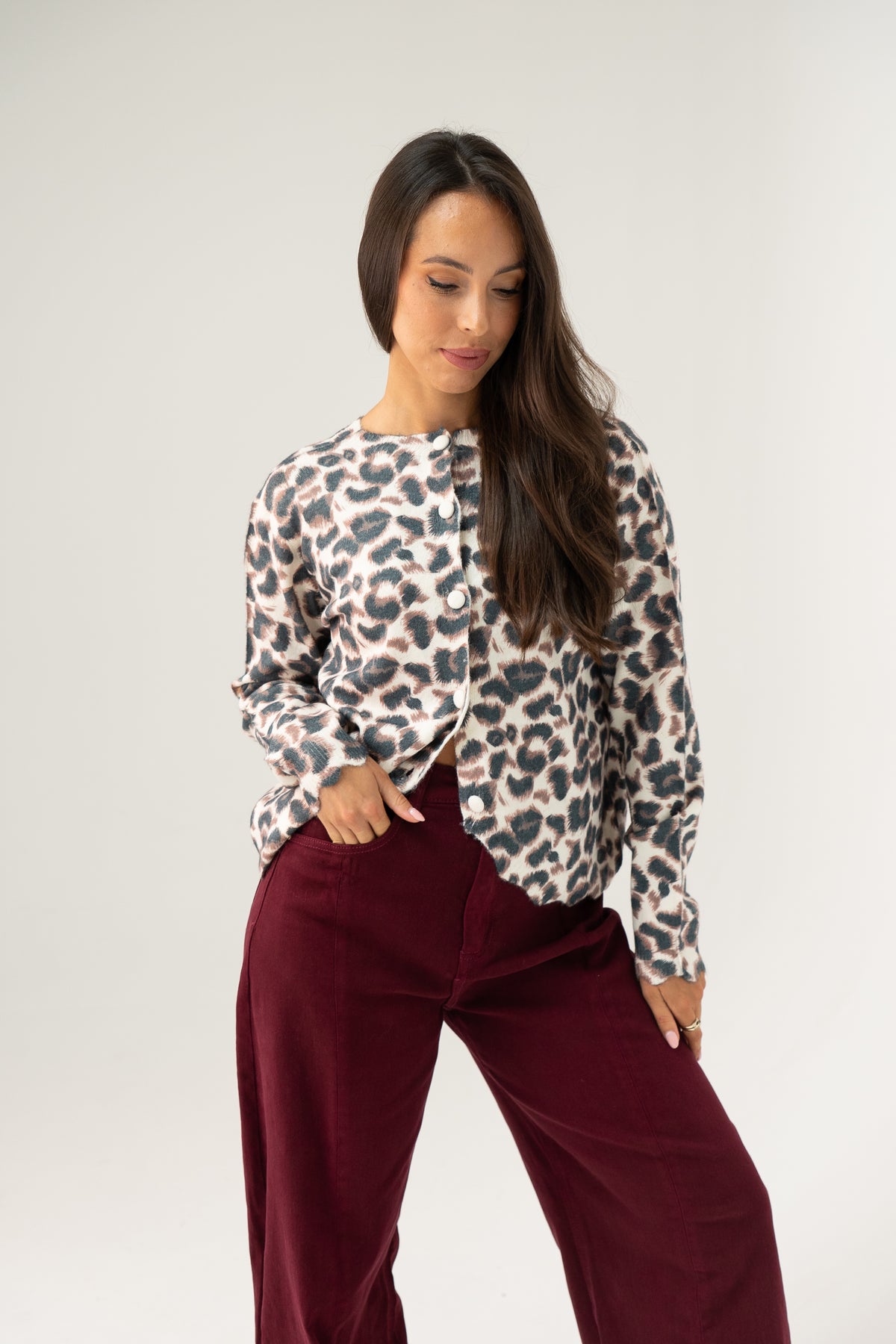 Kendra Button Back Jumper In Leopard Print