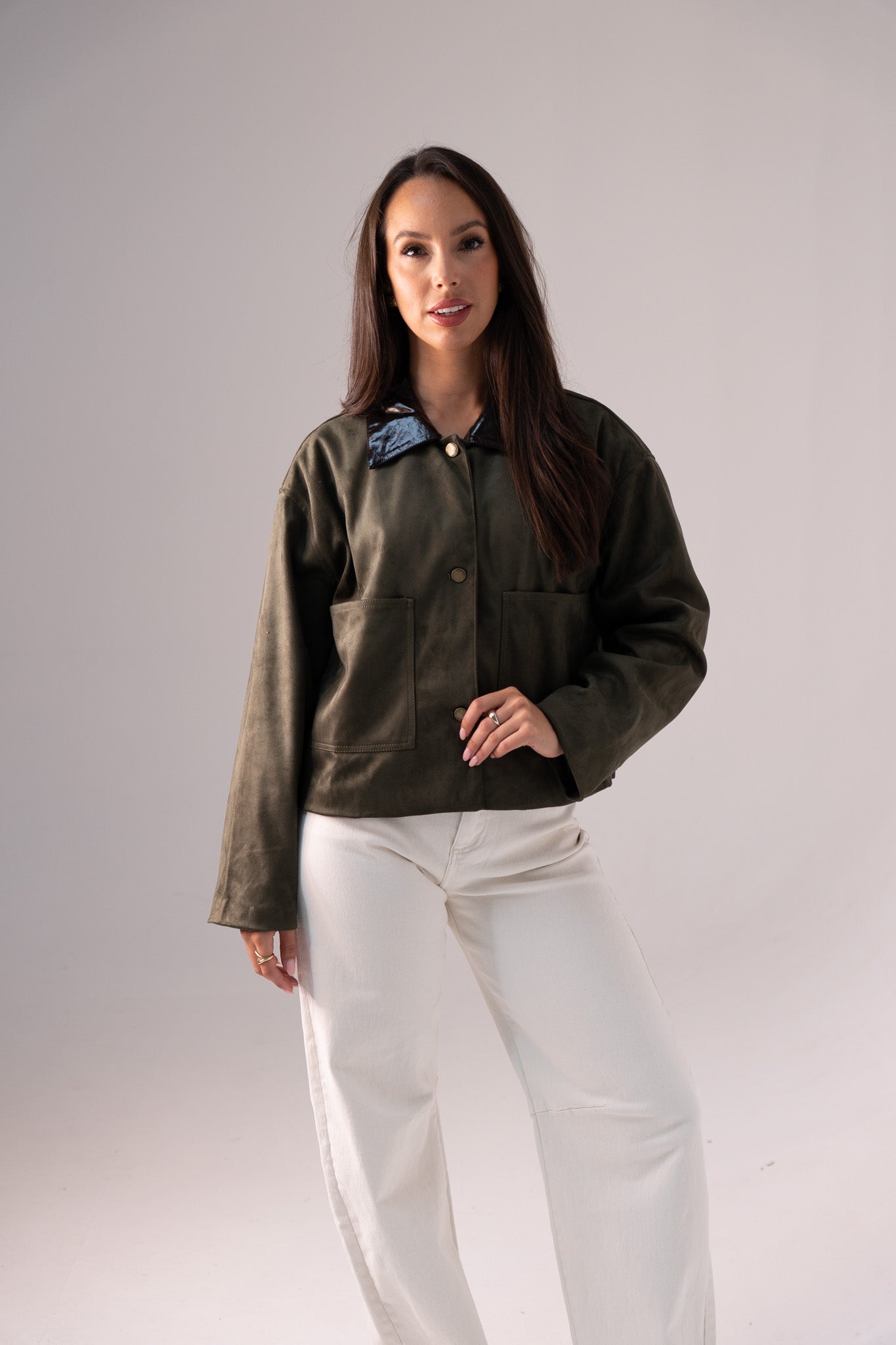 Kendra Contrast Collar Jacket In Khaki