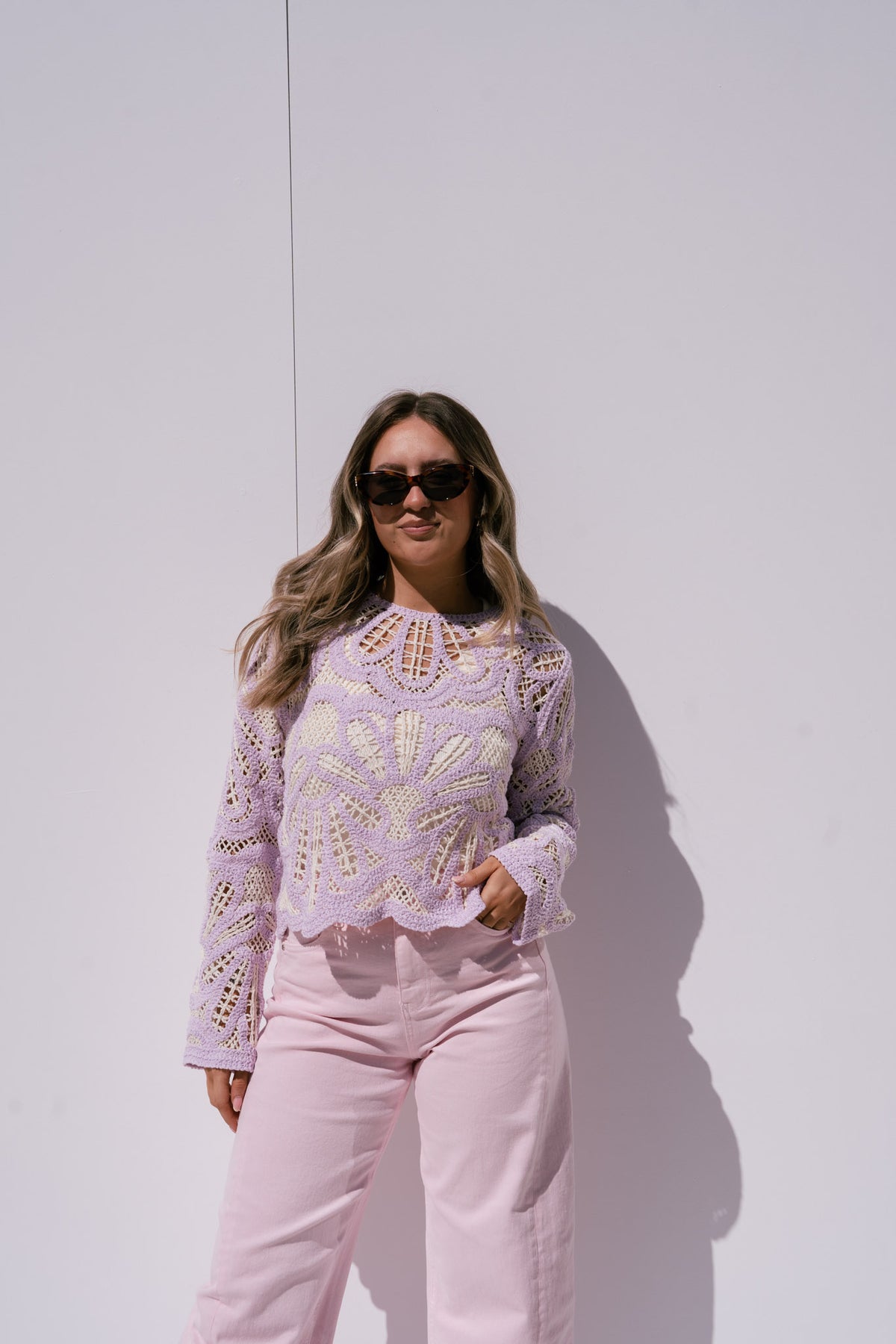 Kendra Contrast Crochet Jumper In Lilac