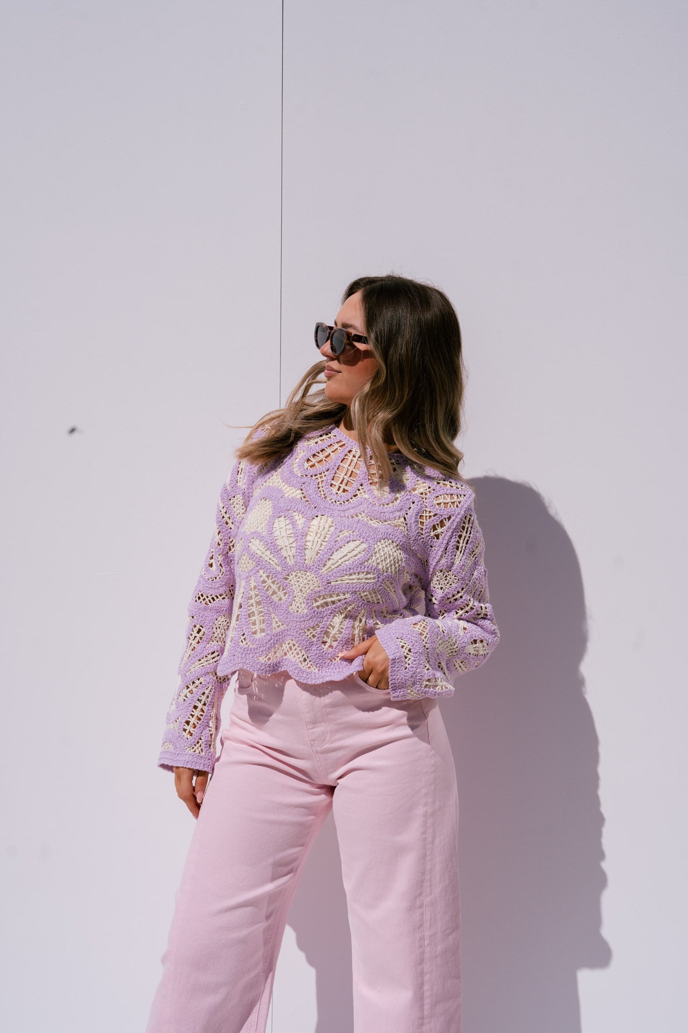 Kendra Contrast Crochet Jumper In Lilac