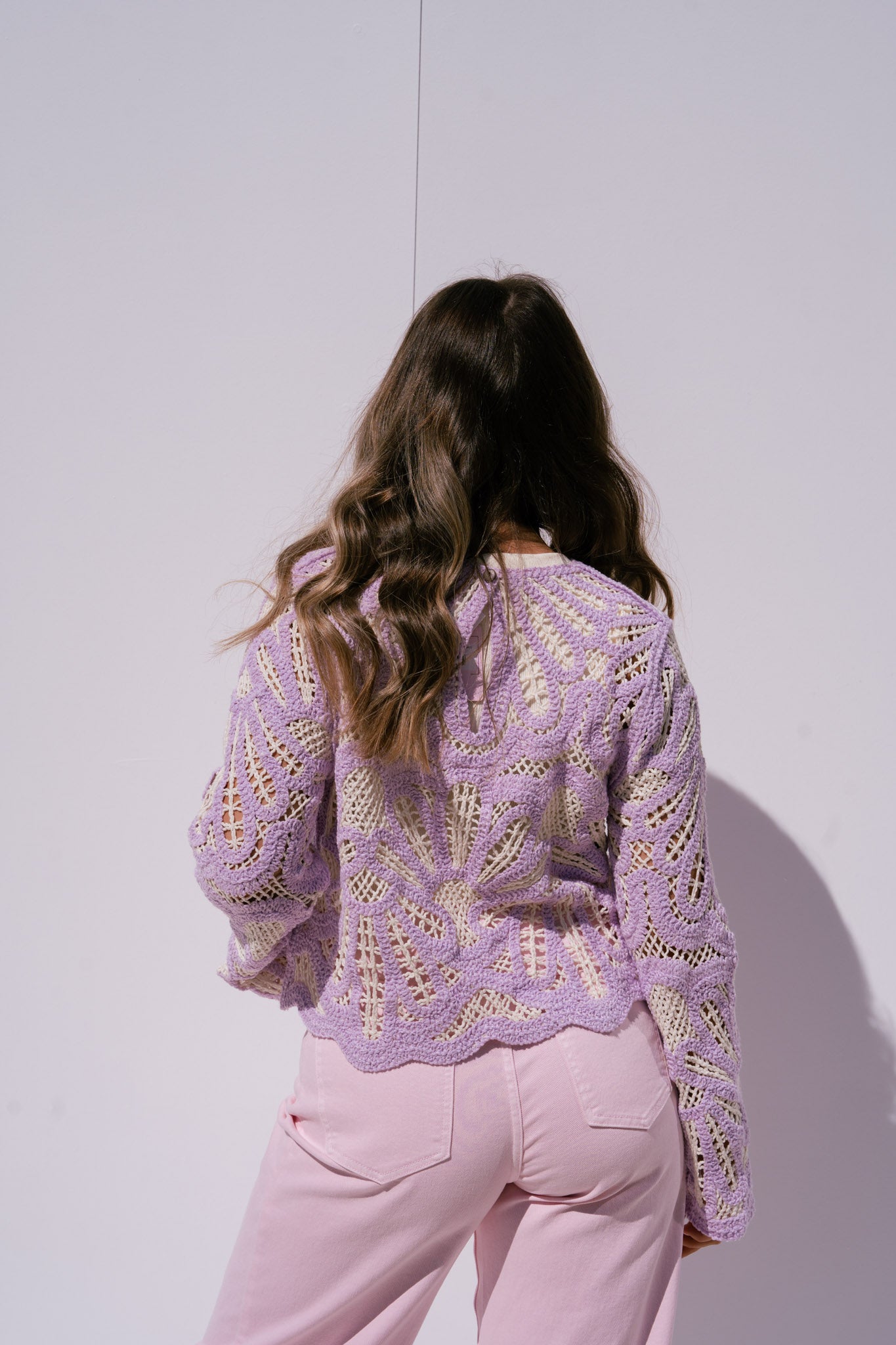 Kendra Contrast Crochet Jumper In Lilac