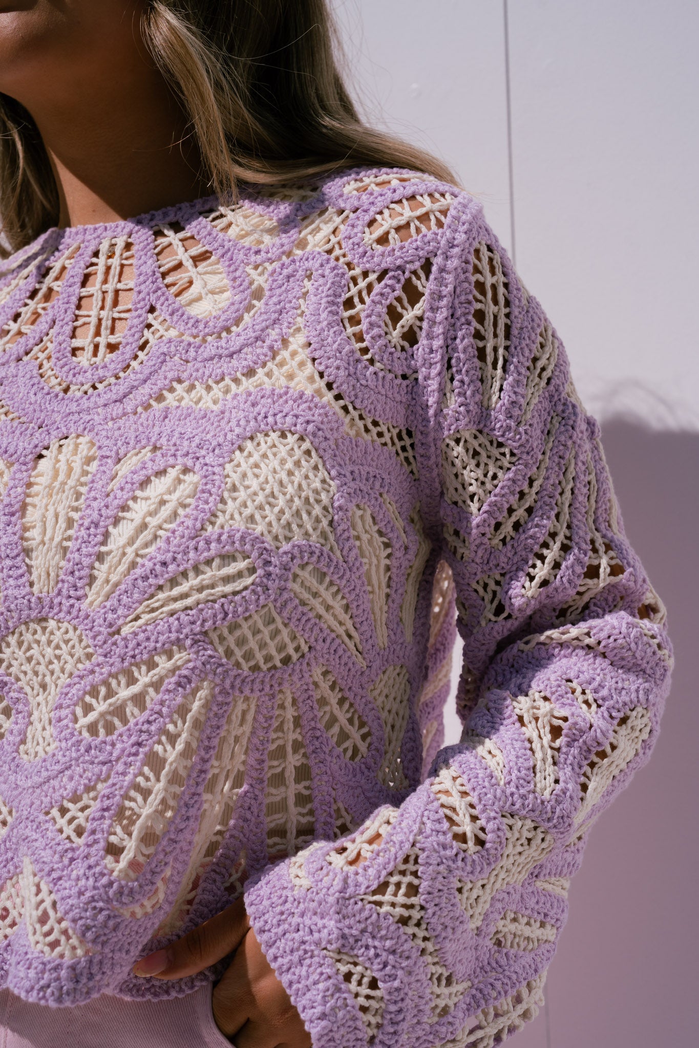 Kendra Contrast Crochet Jumper In Lilac