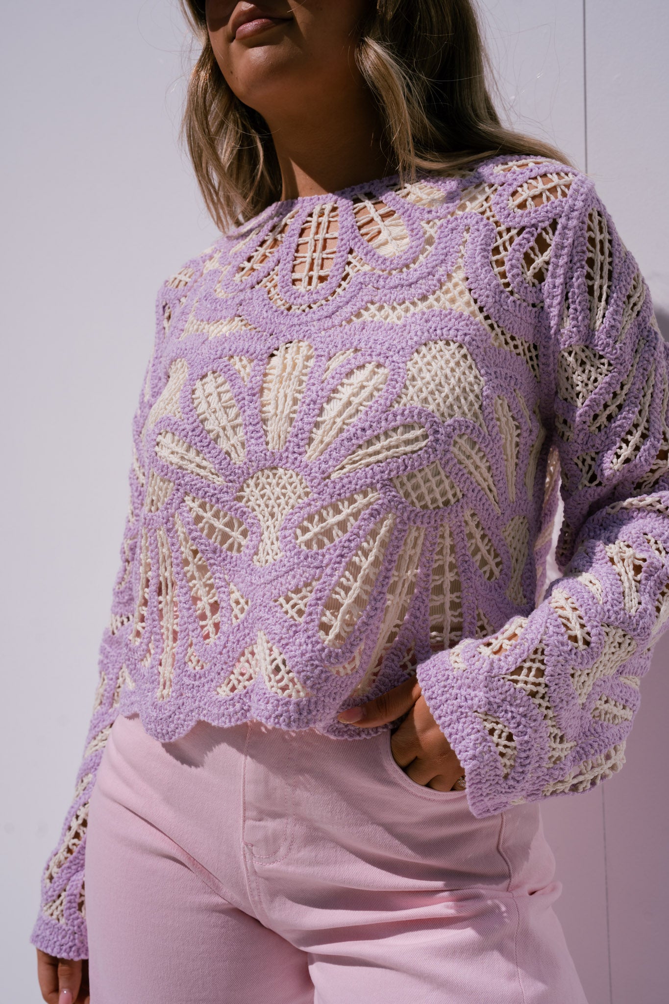 Kendra Contrast Crochet Jumper In Lilac