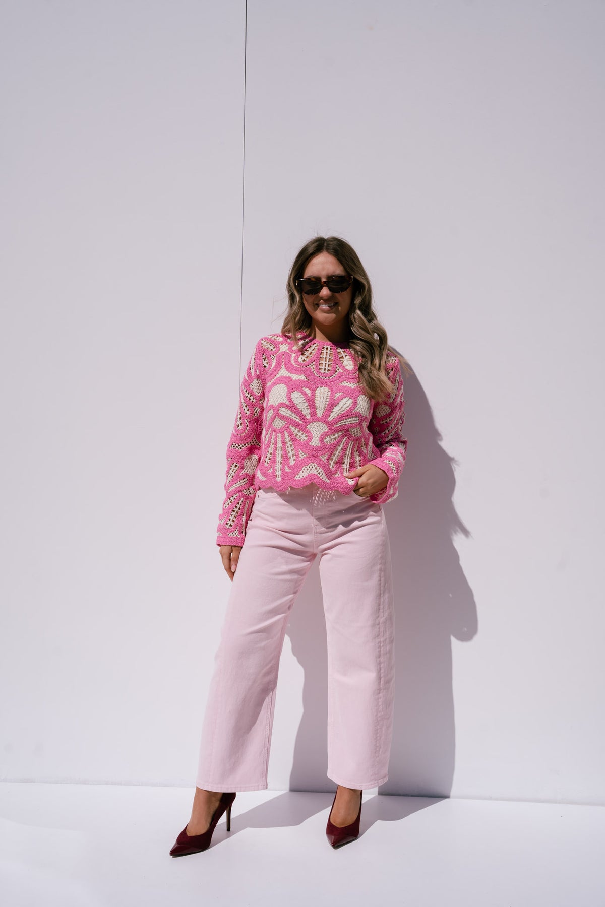 Kendra Contrast Crochet Jumper In Pink