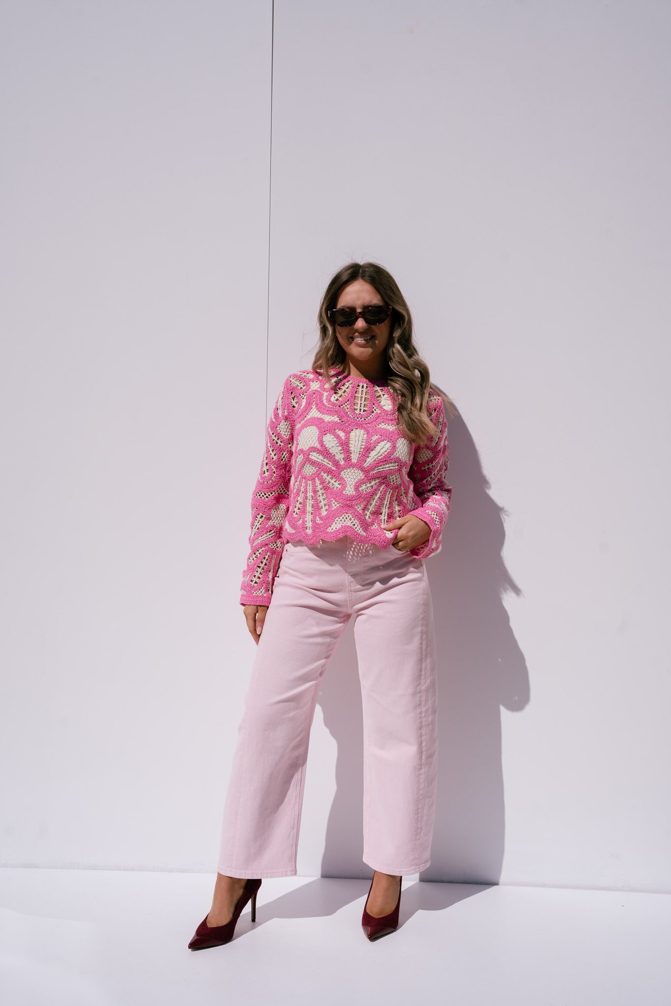 Kendra Contrast Crochet Jumper In Pink