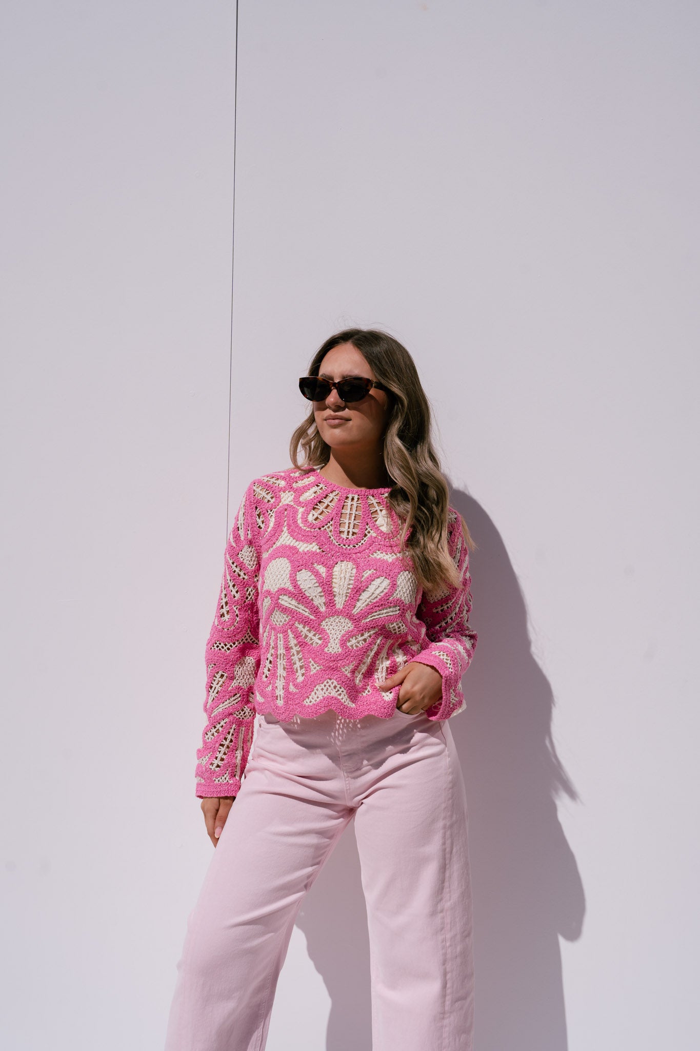 Kendra Contrast Crochet Jumper In Pink