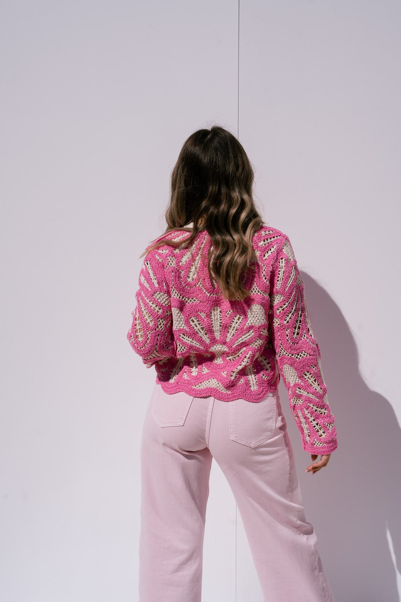 Kendra Contrast Crochet Jumper In Pink