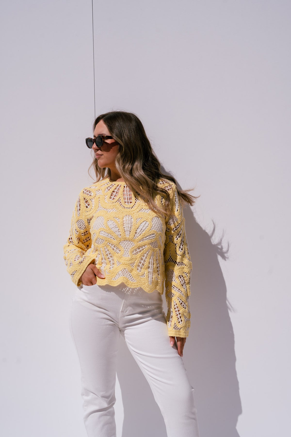 Kendra Contrast Crochet Jumper In Yellow
