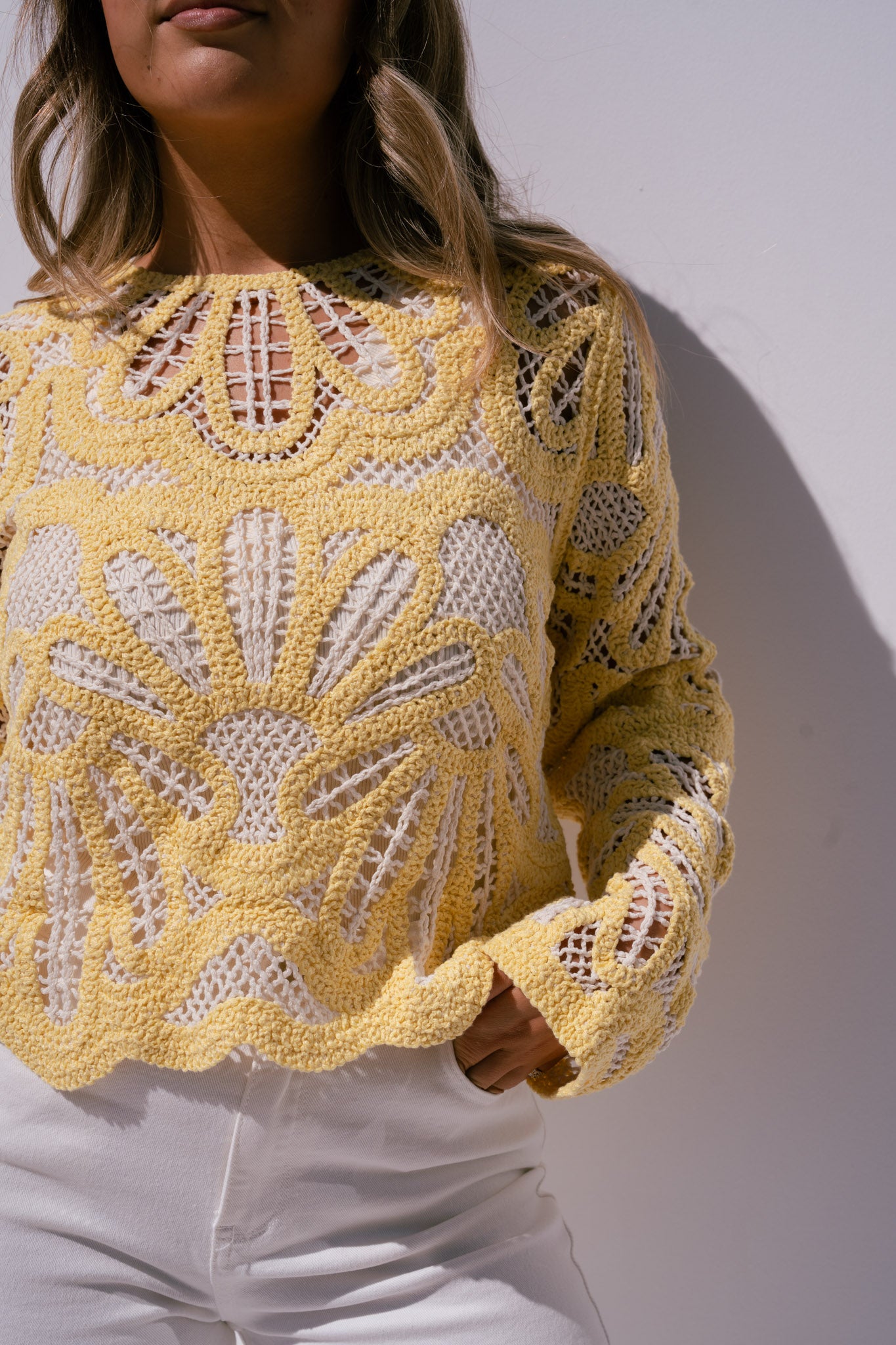 Kendra Contrast Crochet Jumper In Yellow