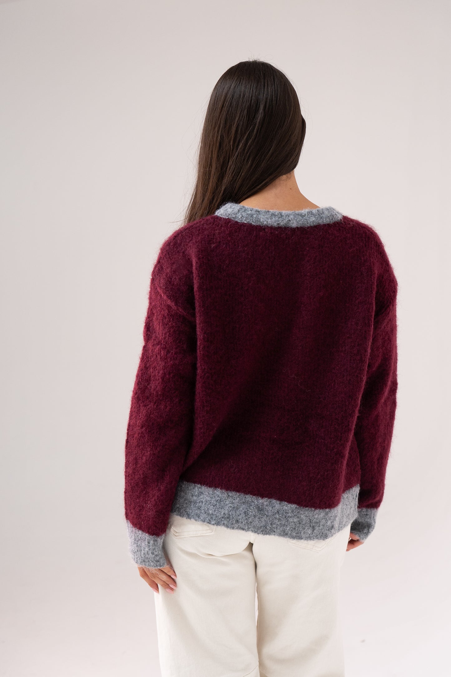 Kendra Contrast Trim Cardigan In Burgundy