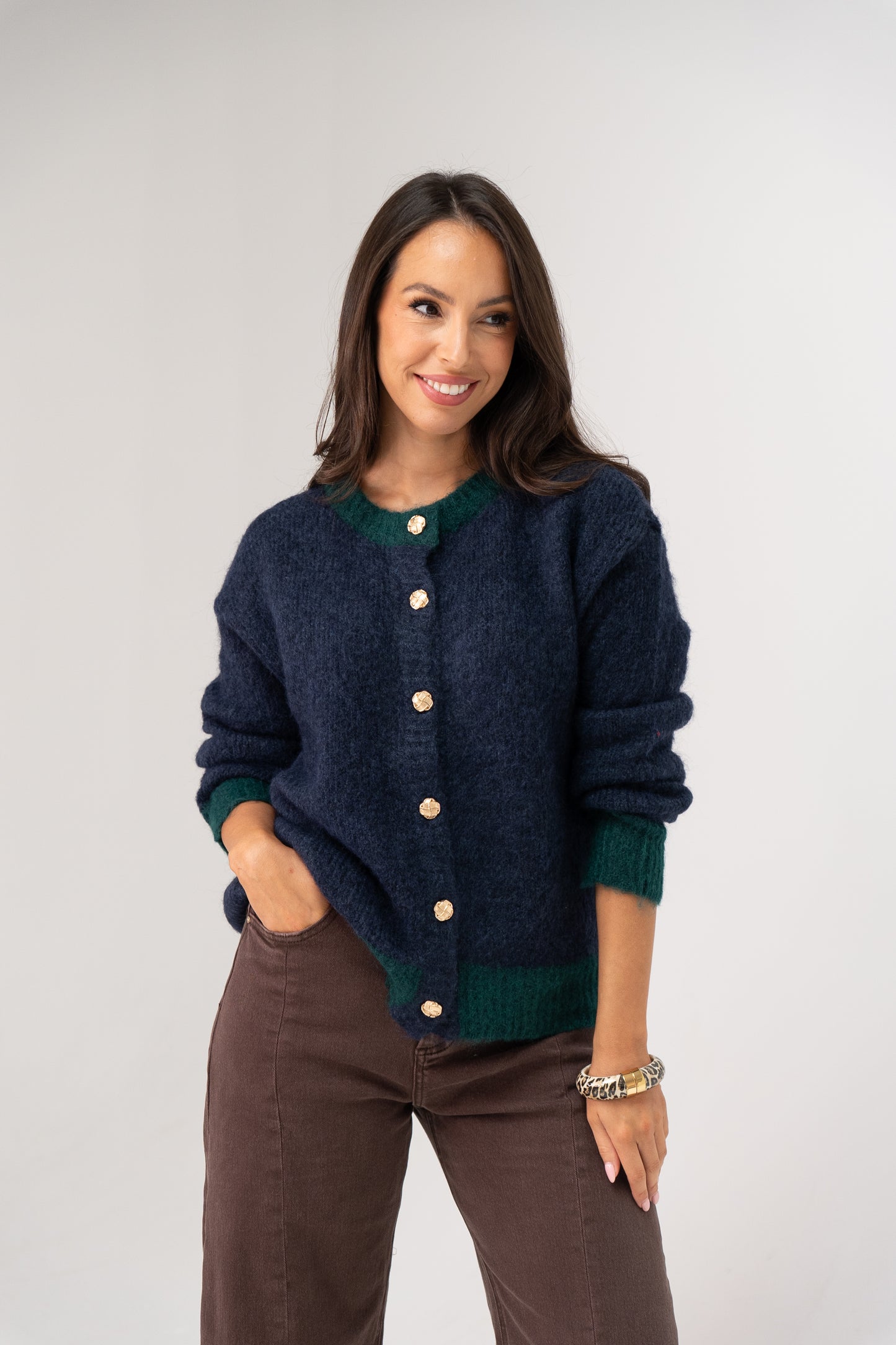 Kendra Contrast Trim Cardigan In Navy