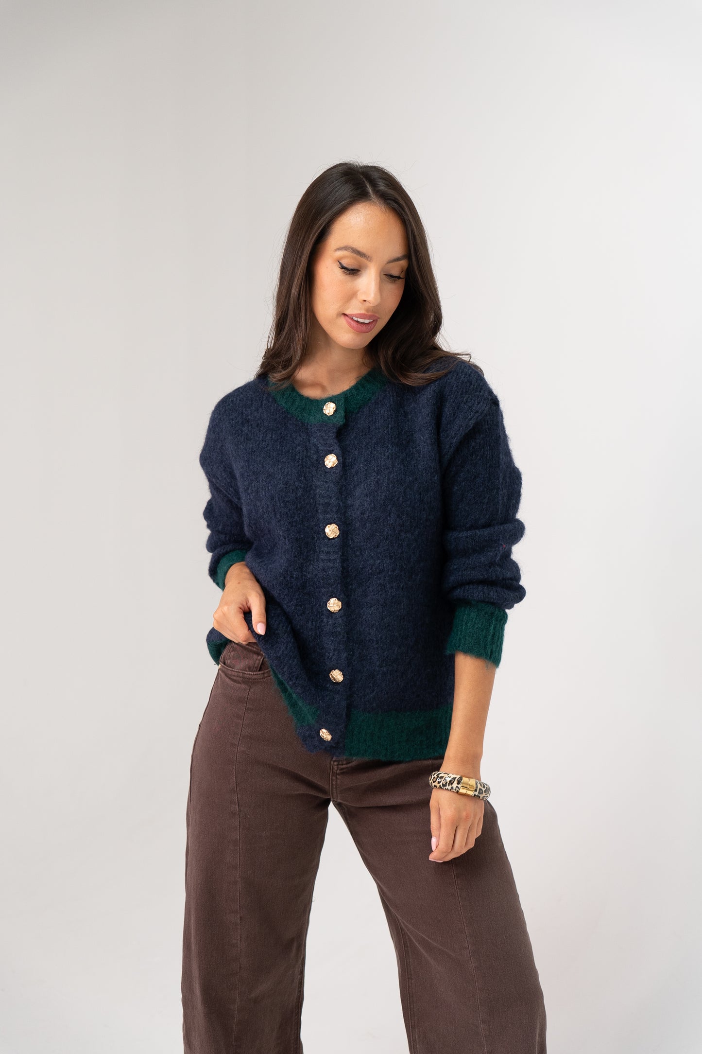 Kendra Contrast Trim Cardigan In Navy