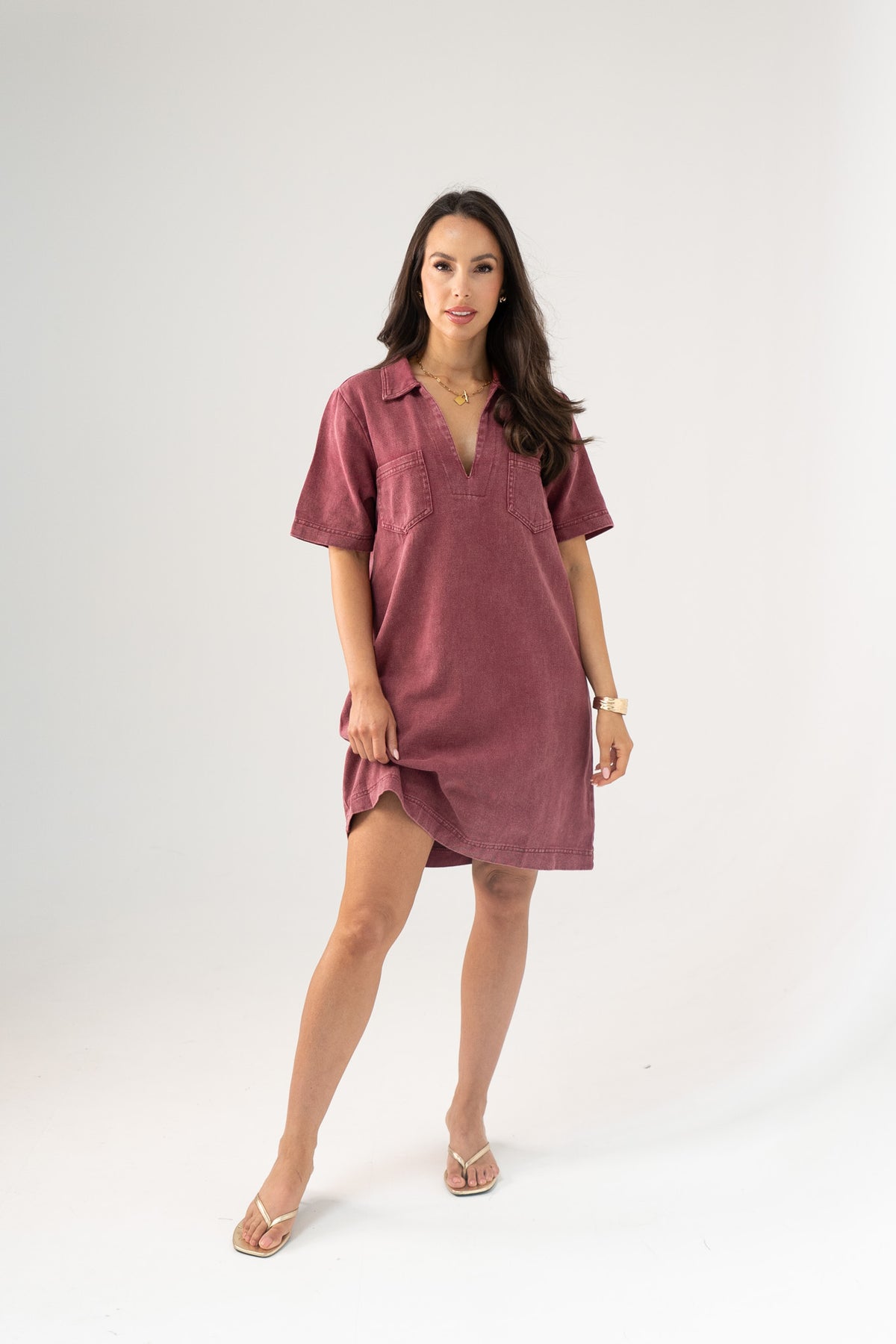 Kendra Denim Shirt Dress In Bordeaux