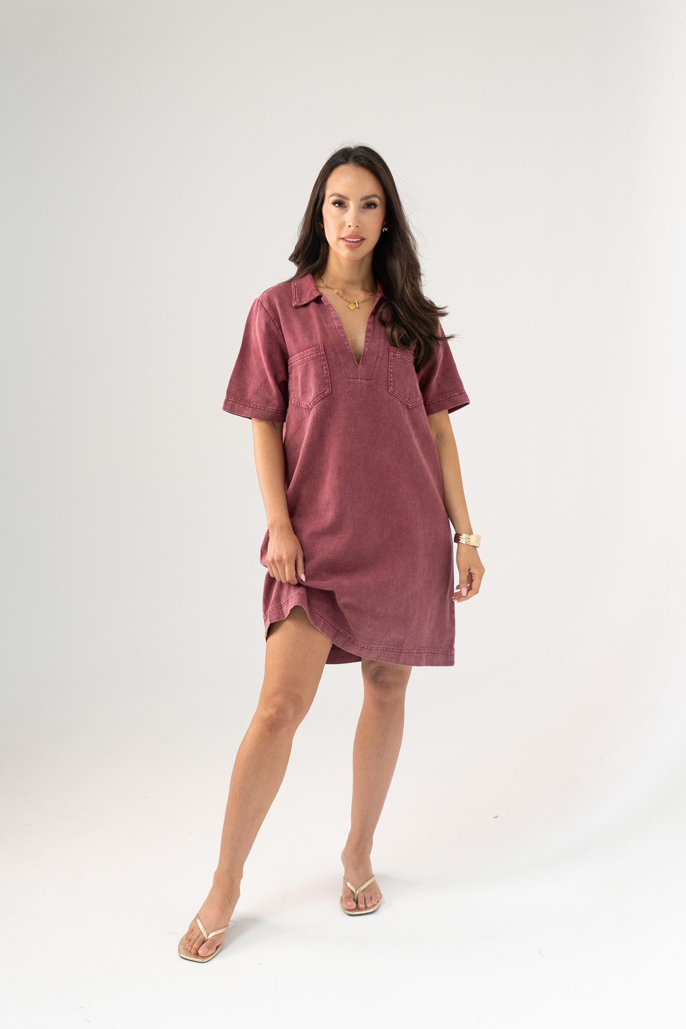 Kendra Denim Shirt Dress In Bordeaux