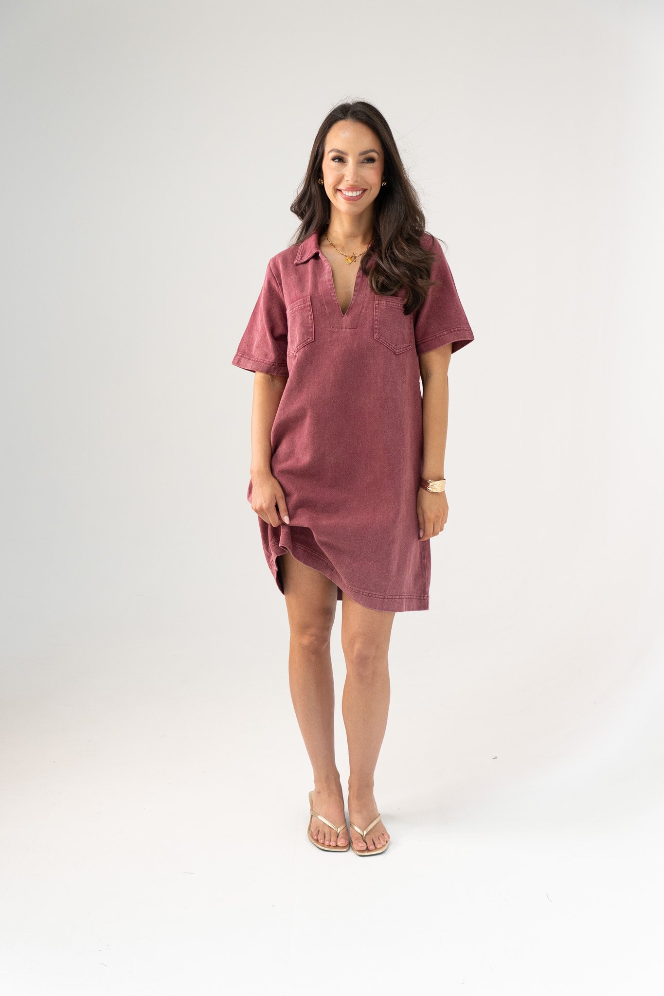 Kendra Denim Shirt Dress In Bordeaux