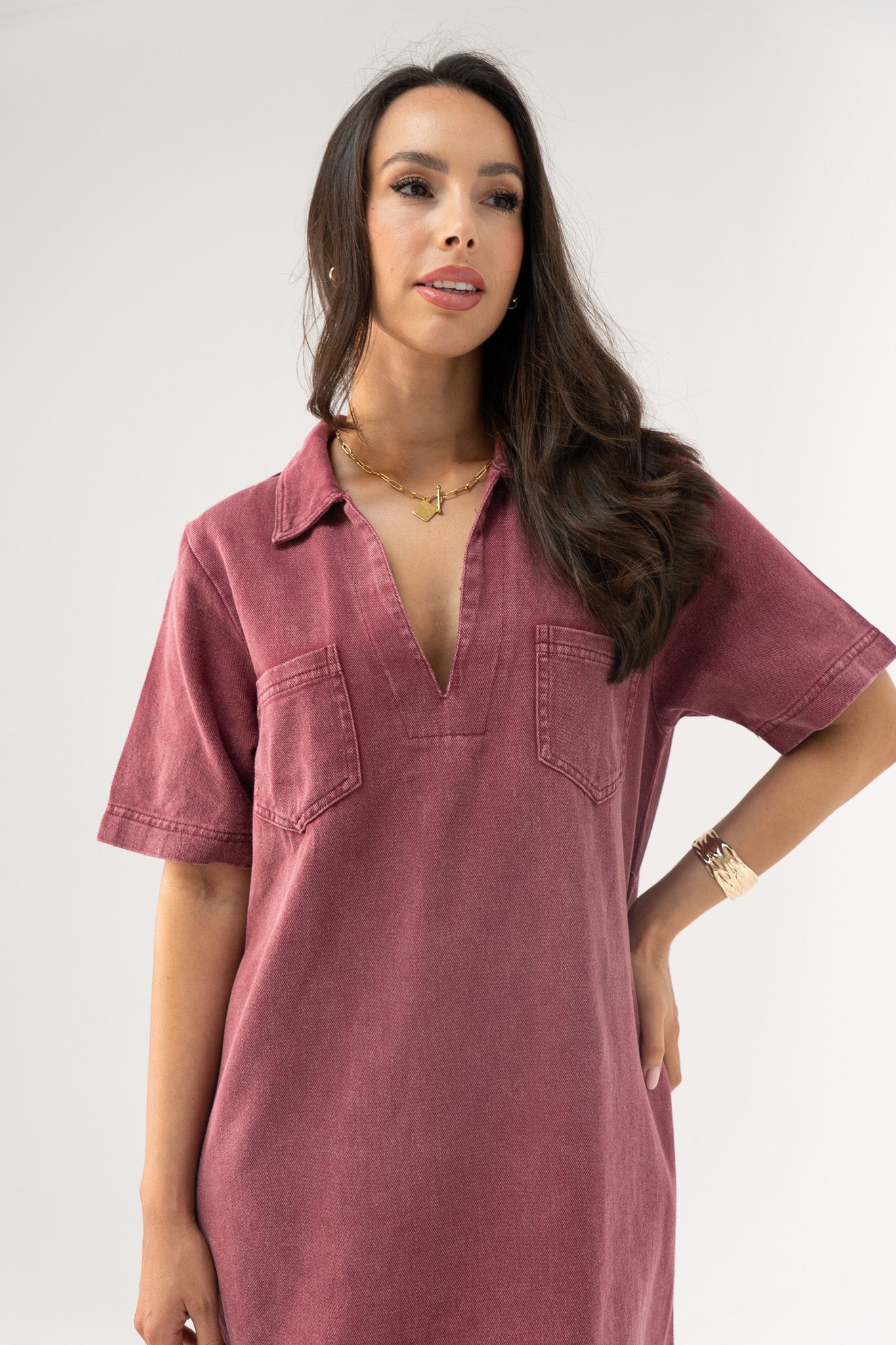 Kendra Denim Shirt Dress In Bordeaux