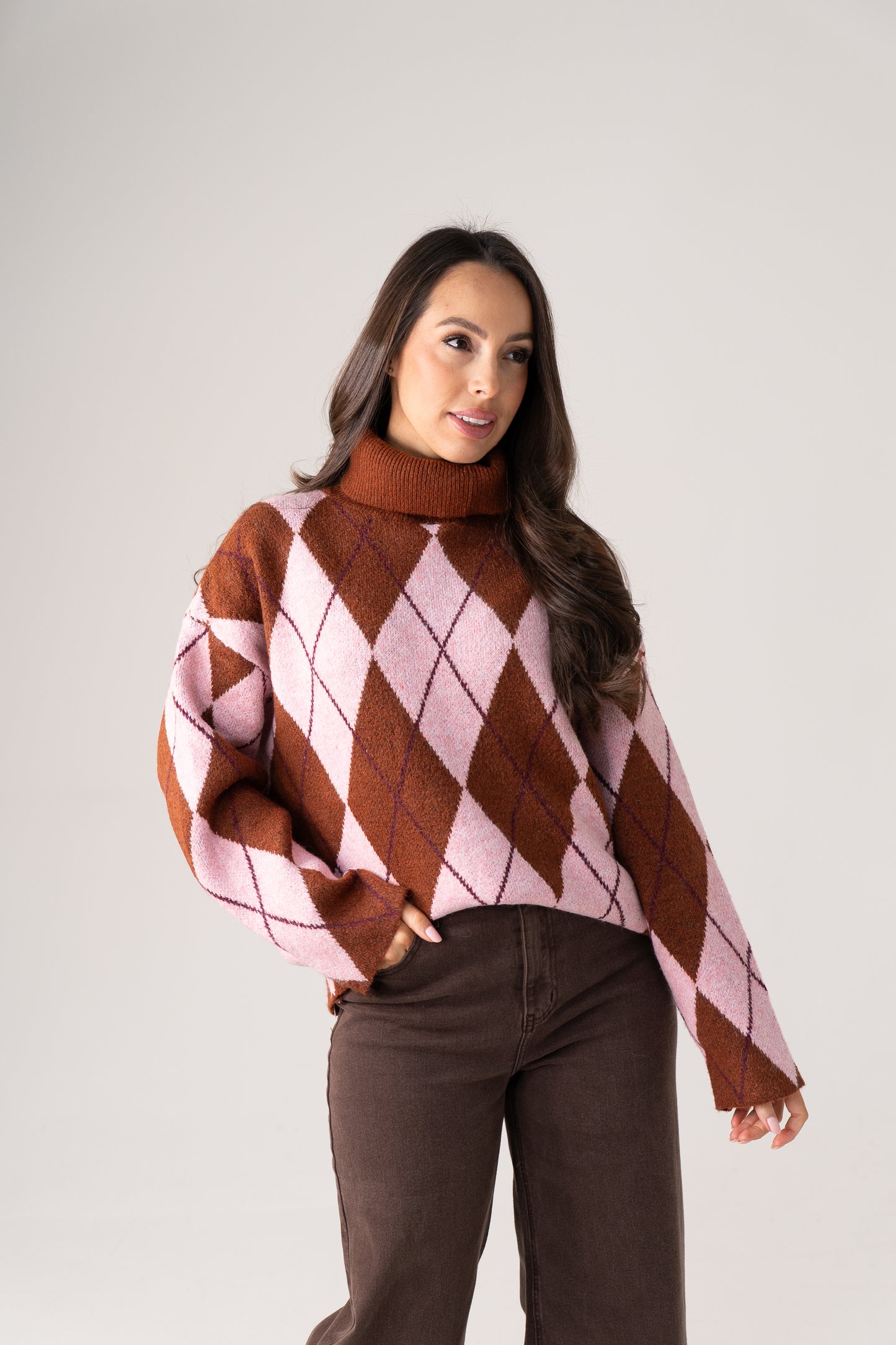 Kendra Diamond Knit Polo Neck In Pink Mix
