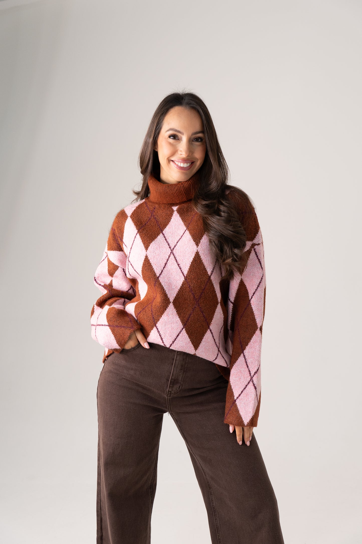 Kendra Diamond Knit Polo Neck In Pink Mix