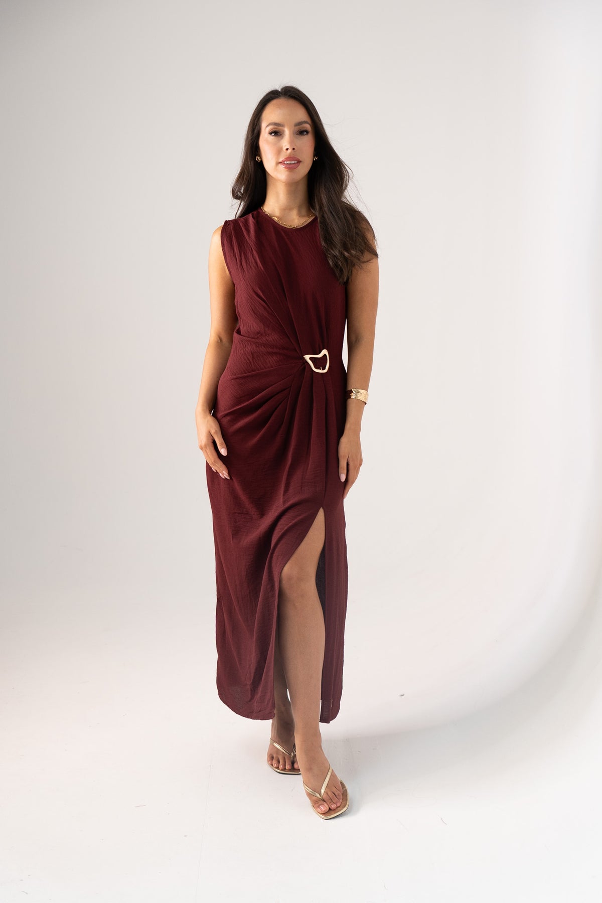 Kendra Drape Front Dress In Bordeaux