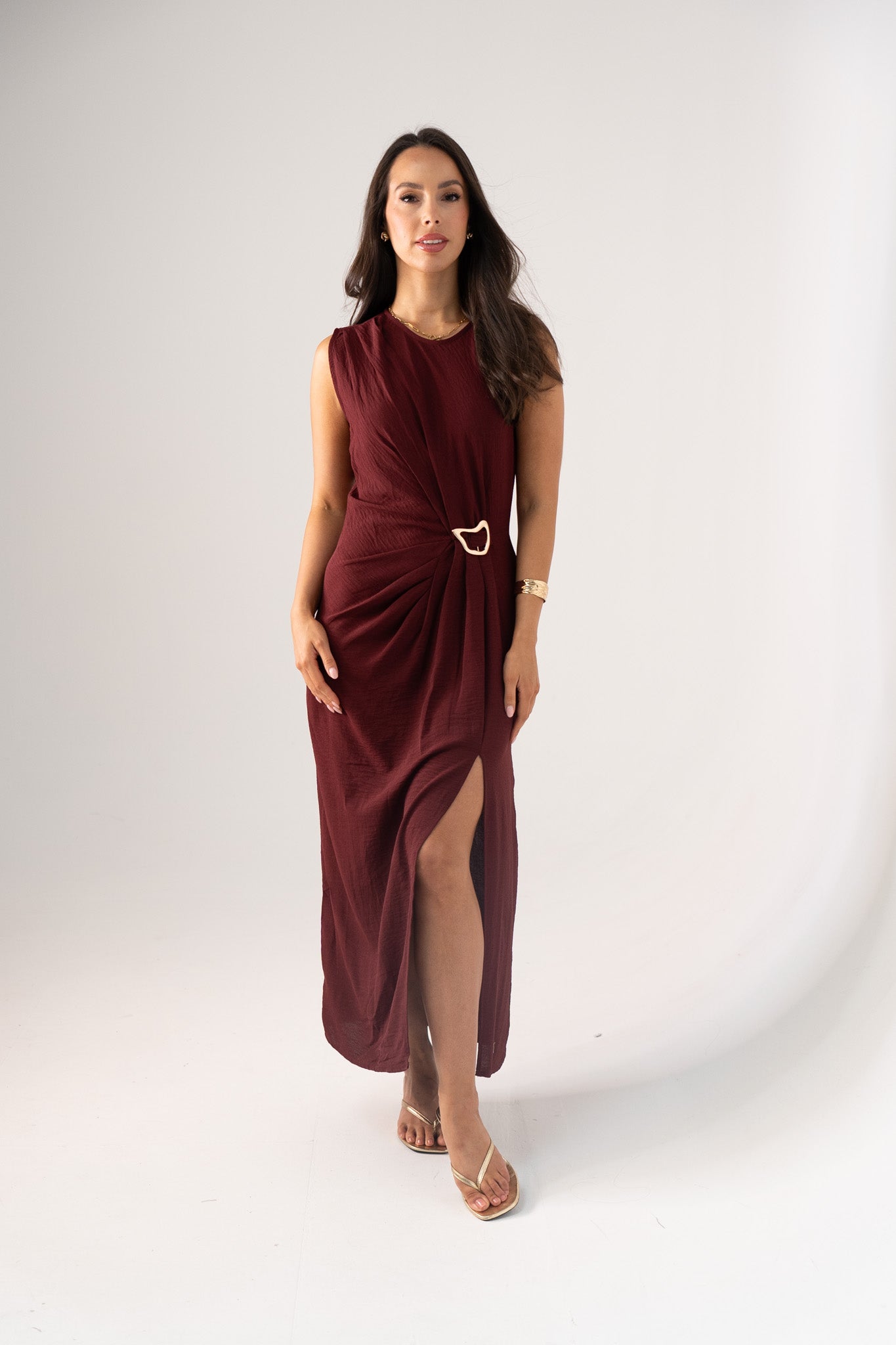 Kendra Drape Front Dress In Bordeaux