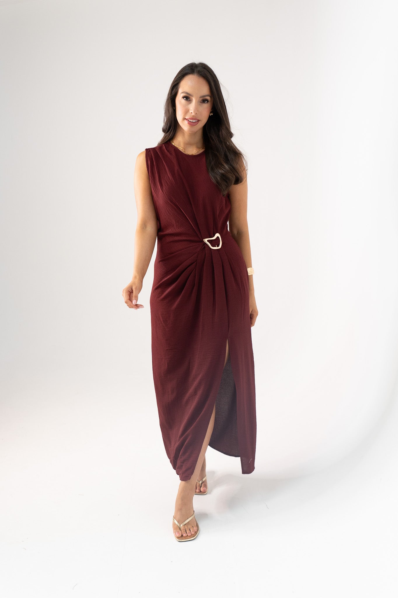 Kendra Drape Front Dress In Bordeaux