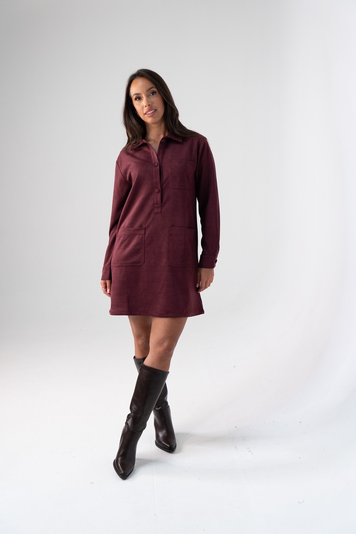 Kendra Faux Suede Shirt Dress In Bordeaux