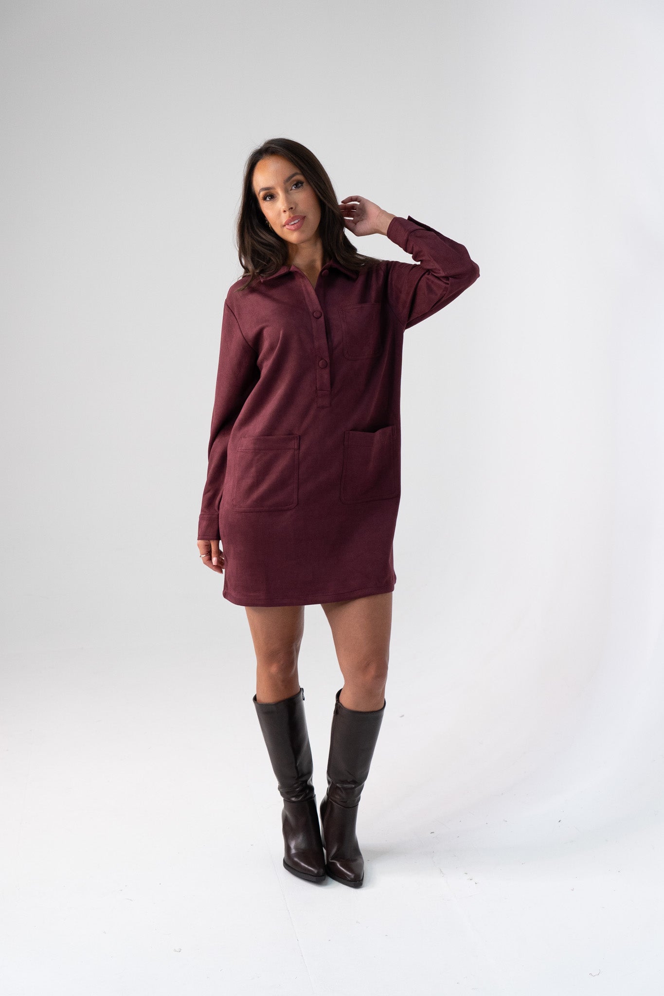 Kendra Faux Suede Shirt Dress In Bordeaux