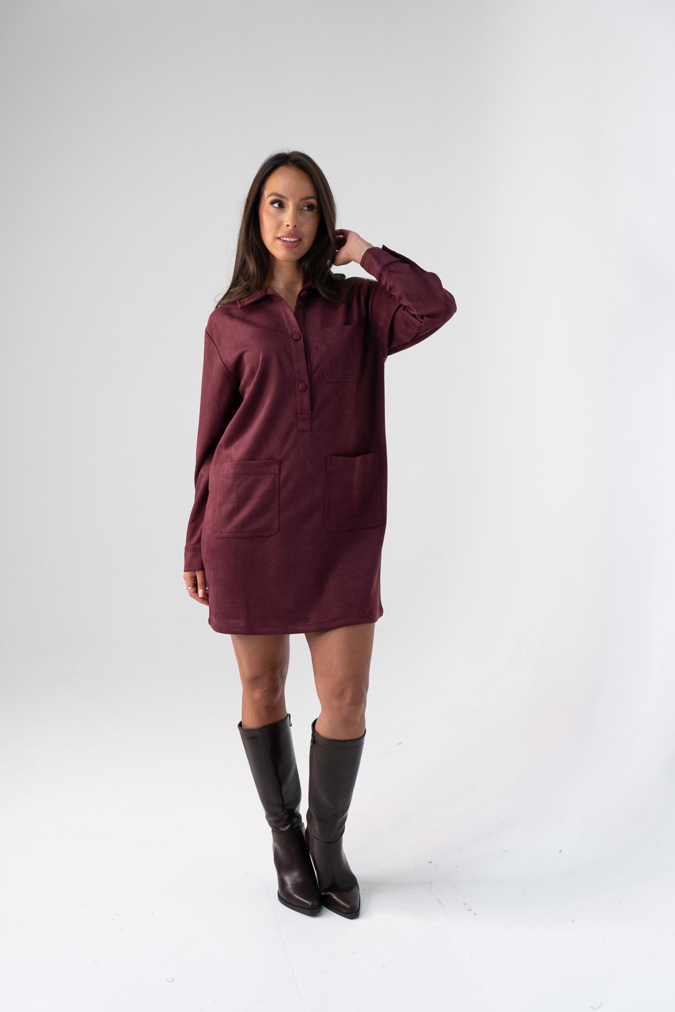 Kendra Faux Suede Shirt Dress In Bordeaux