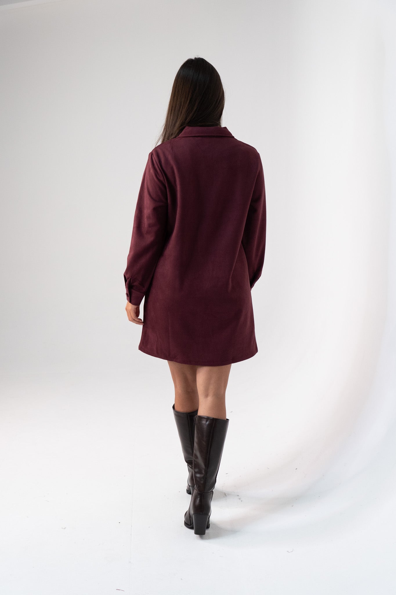 Kendra Faux Suede Shirt Dress In Bordeaux
