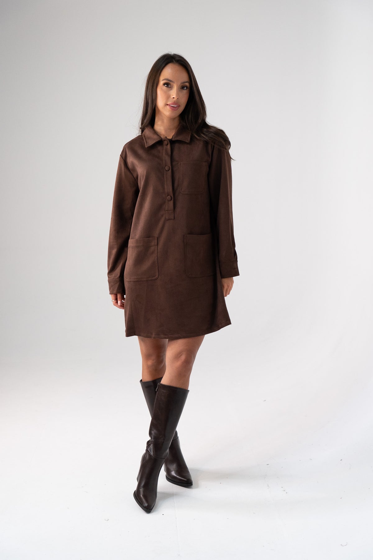 Kendra Faux Suede Shirt Dress In Chocolate